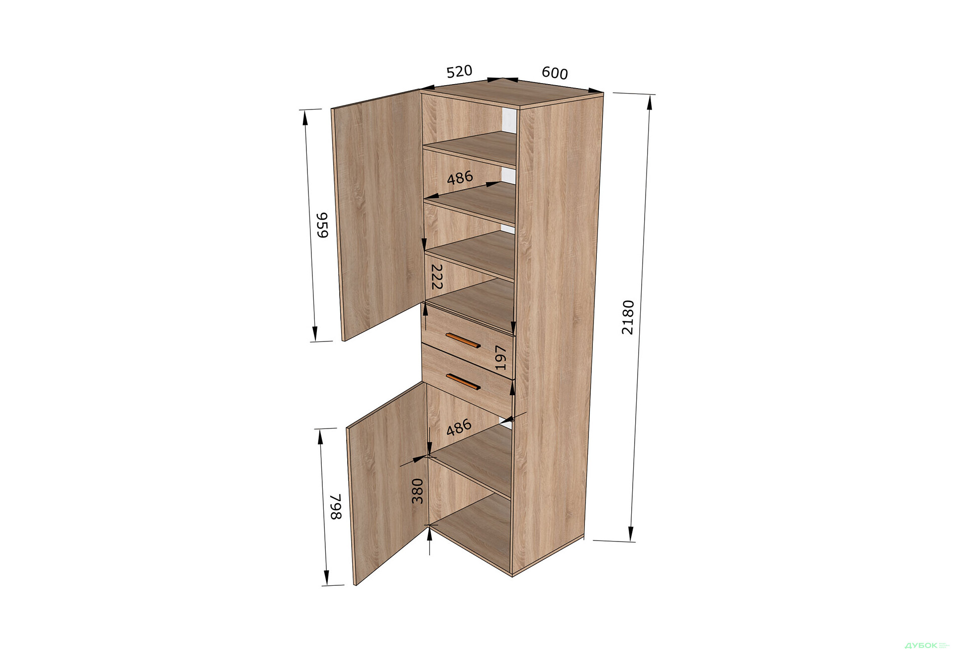 Зображення 3 - Пенал Moreli ST0014 з дверцятами та шухлядами 60 см дуб сонома