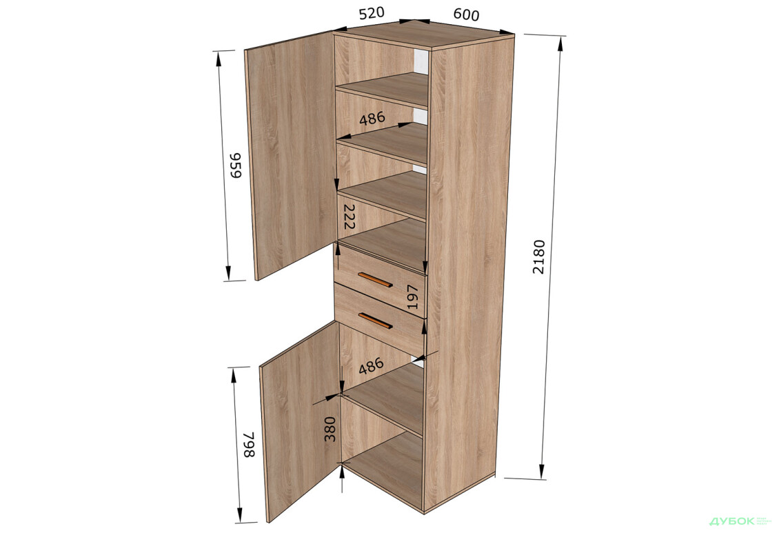 Зображення 3 - Пенал Moreli ST0014 з дверцятами та шухлядами 60 см дуб сонома