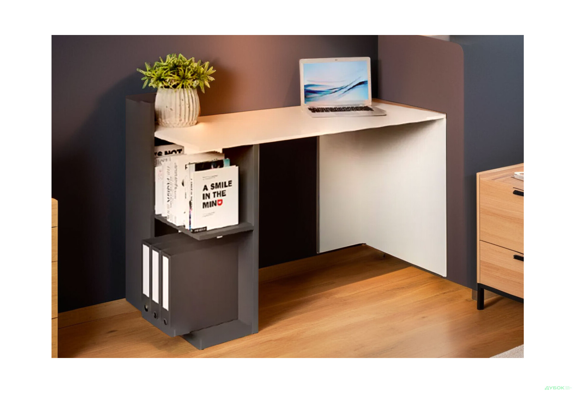 Стол письменный ВМВ Холдинг НО шельф 120x57 см с полками белая платина / графит - Изображение 2 Изображение 2 - Стол письменный ВМВ Холдинг НО шельф 120x57 см с полками белая платина / графит