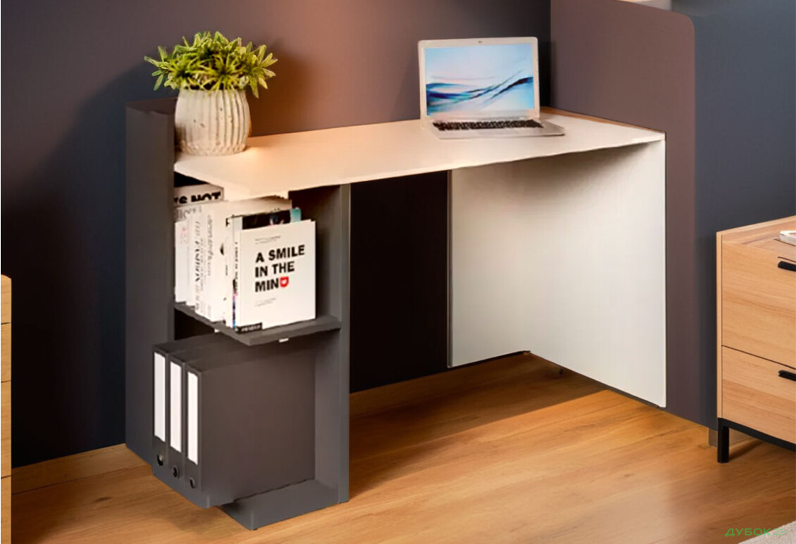 Стол письменный ВМВ Холдинг НО шельф 120x57 см с полками белая платина / графит - Изображение 2 Изображение 2 - Стол письменный ВМВ Холдинг НО шельф 120x57 см с полками белая платина / графит