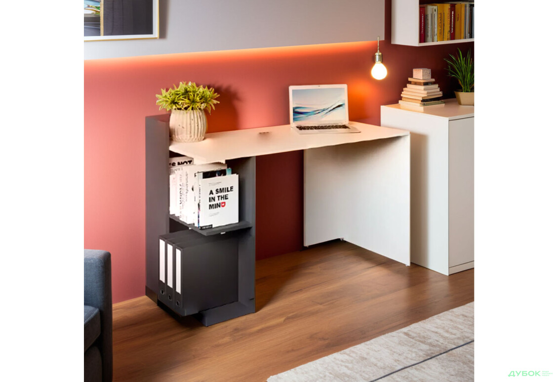 Стол письменный ВМВ Холдинг НО шельф 120x57 см с полками белая платина / графит - Изображение 3 Изображение 3 - Стол письменный ВМВ Холдинг НО шельф 120x57 см с полками белая платина / графит