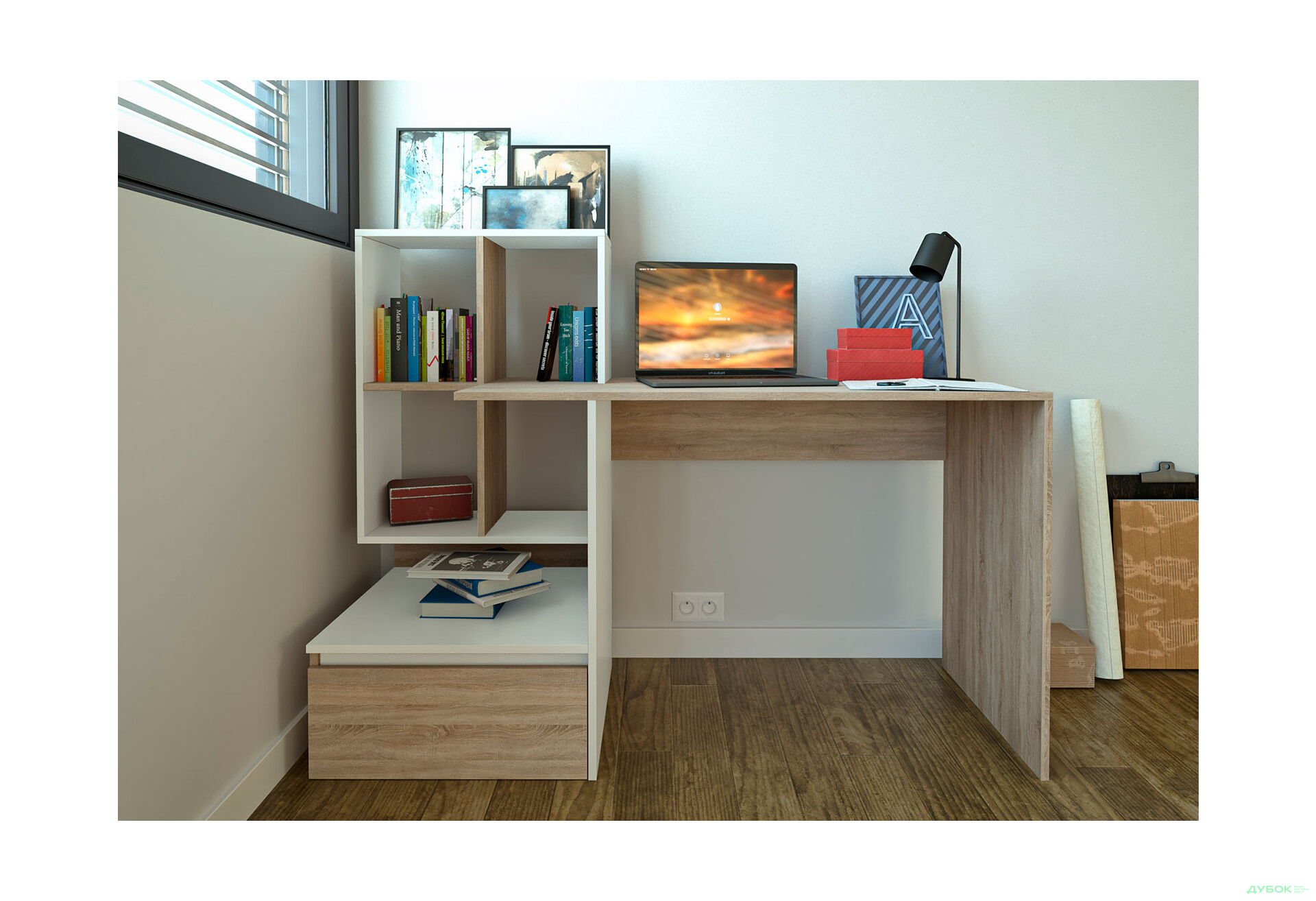 Зображення 2 - Стіл письмовий Moreli ST0005 145x52 см з шухлядою та боковими полицями дуб сонома / білий