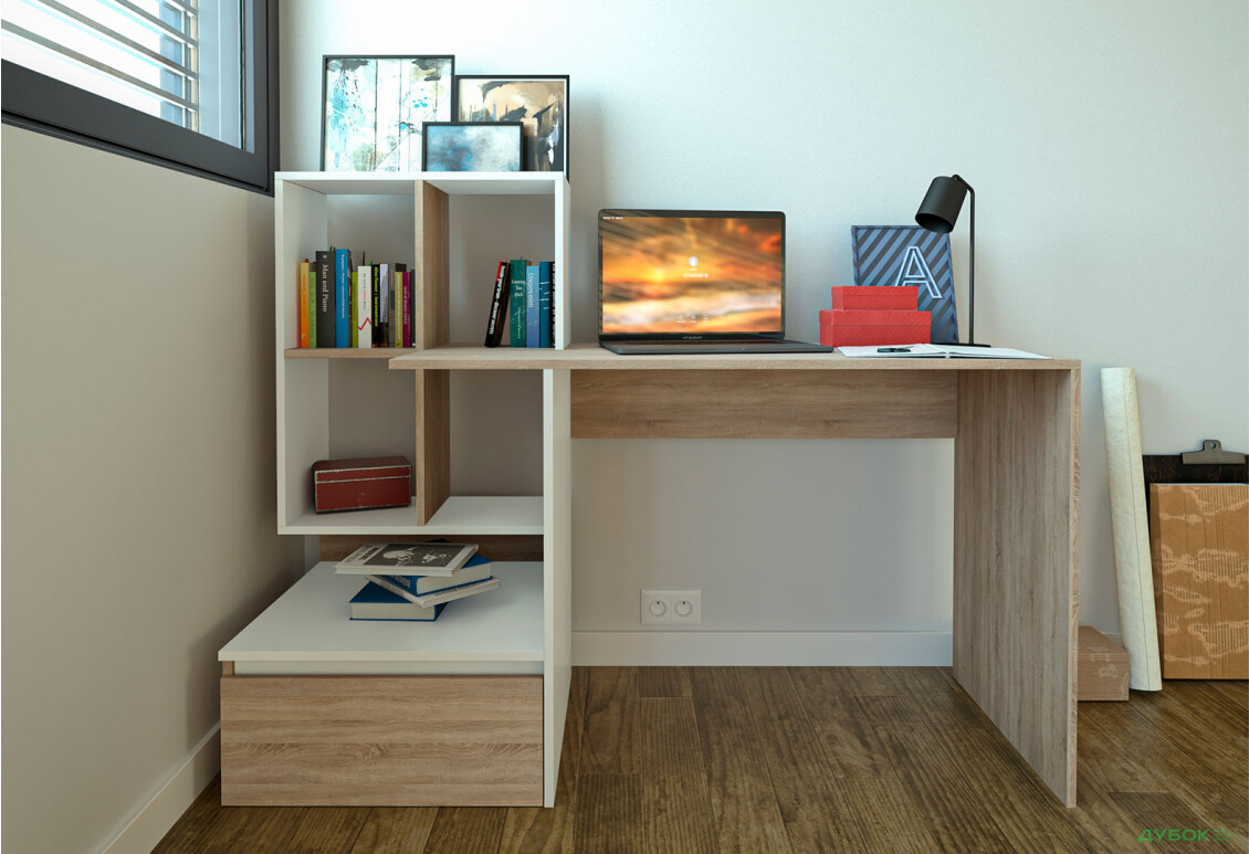 Зображення 2 - Стіл письмовий Moreli ST0005 145x52 см з шухлядою та боковими полицями дуб сонома / білий