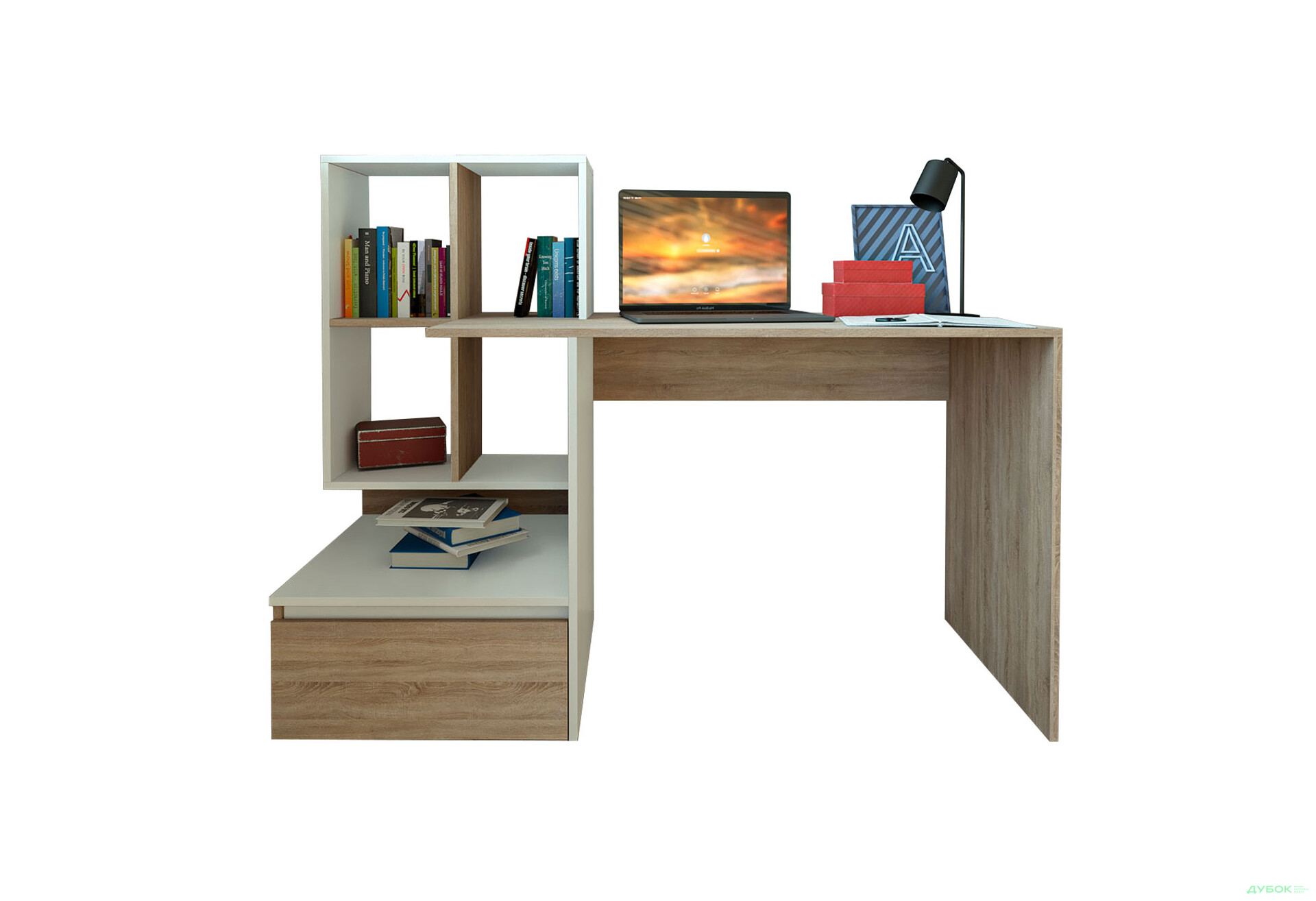 Зображення 1 - Стіл письмовий Moreli ST0005 145x52 см з шухлядою та боковими полицями дуб сонома / білий