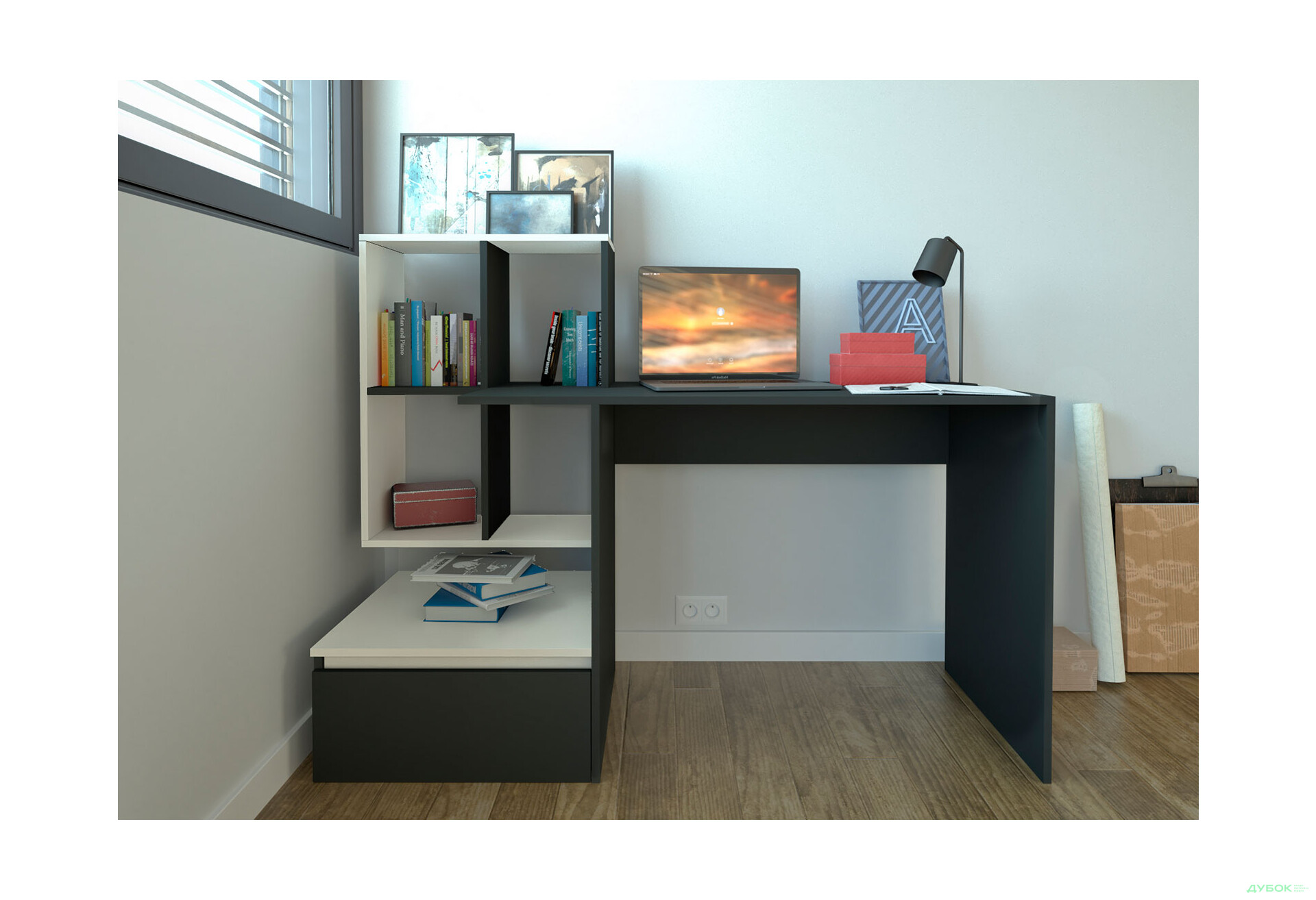 Зображення 2 - Стіл письмовий Moreli ST0005 145x52 см з шухлядою та боковими полицями антрацит / білий