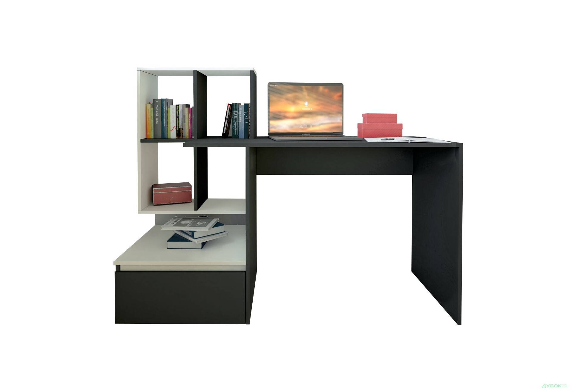 Зображення 1 - Стіл письмовий Moreli ST0005 145x52 см з шухлядою та боковими полицями антрацит / білий