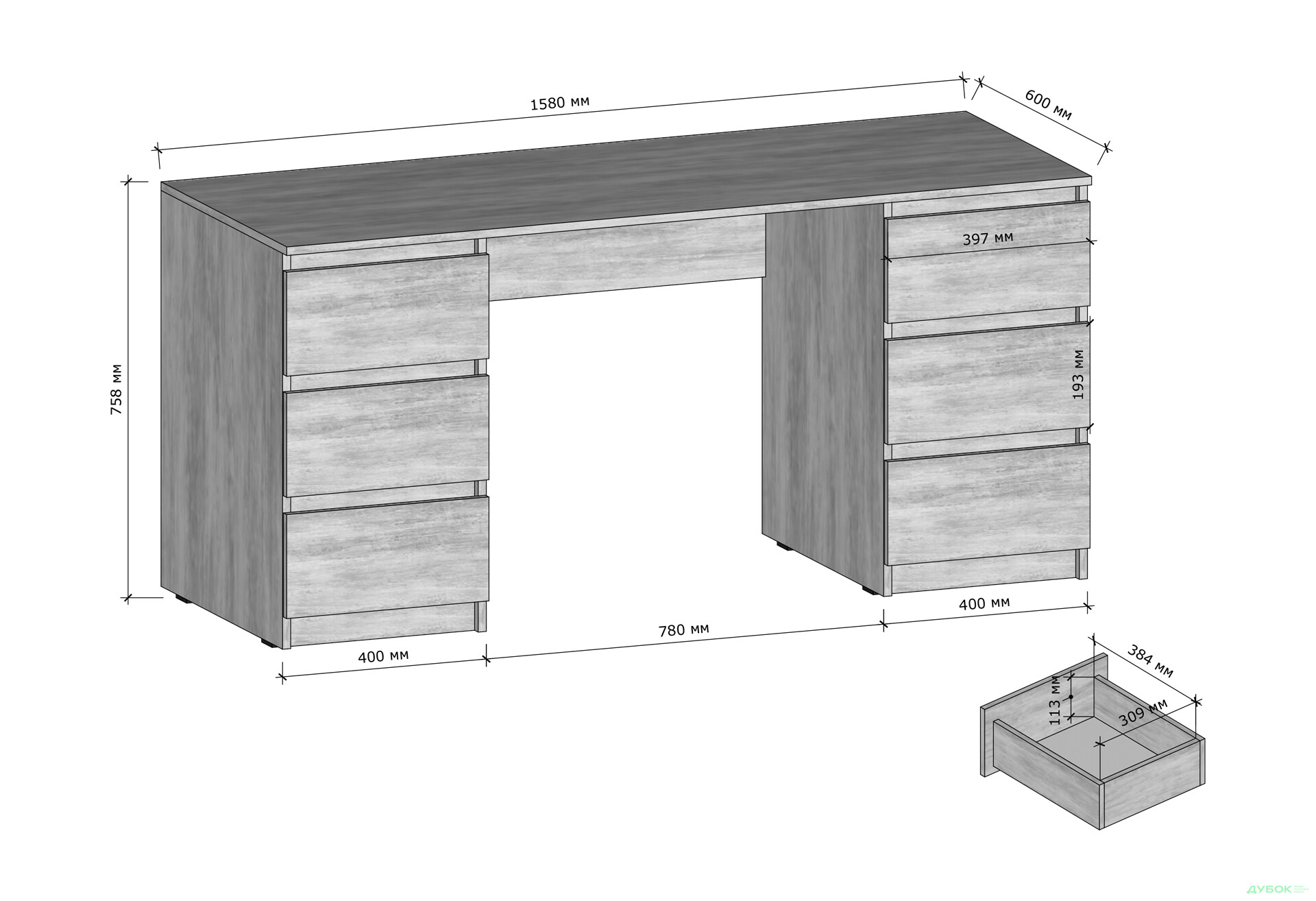 Изображение 3 - Стол письменный Moreli Т228 158x60 см с ящиками, белый / антрацит