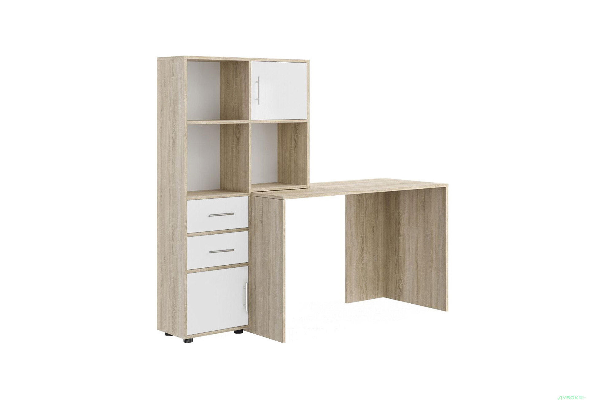 Стіл комп'ютерний Київський стандарт КС-05 160x60 см з надставкою і стелажем дуб сонома / німфеа альба, збірка ліва - Зображення 1 Зображення 1 - Стіл комп'ютерний Київський стандарт КС-05 160x60 см з надставкою і стелажем дуб сонома / німфеа альба, збірка ліва