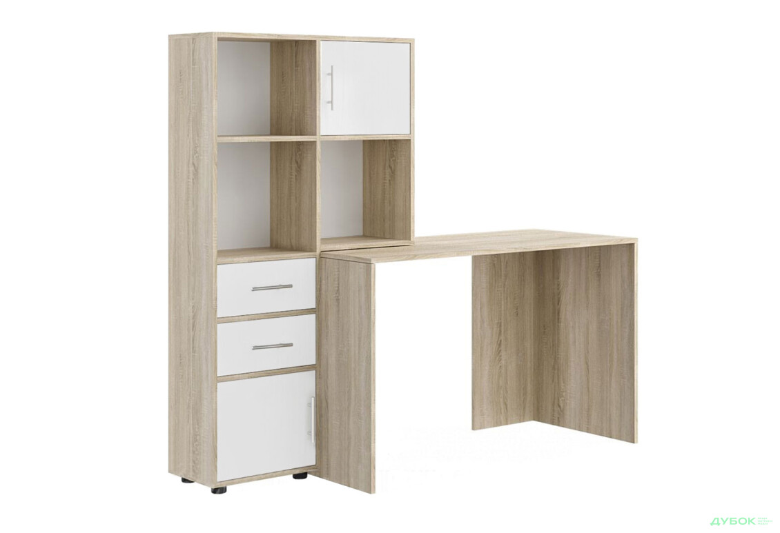 Стіл комп'ютерний Київський стандарт КС-05 160x60 см з надставкою і стелажем дуб сонома / німфеа альба, збірка ліва - Зображення 1 Зображення 1 - Стіл комп'ютерний Київський стандарт КС-05 160x60 см з надставкою і стелажем дуб сонома / німфеа альба, збірка ліва