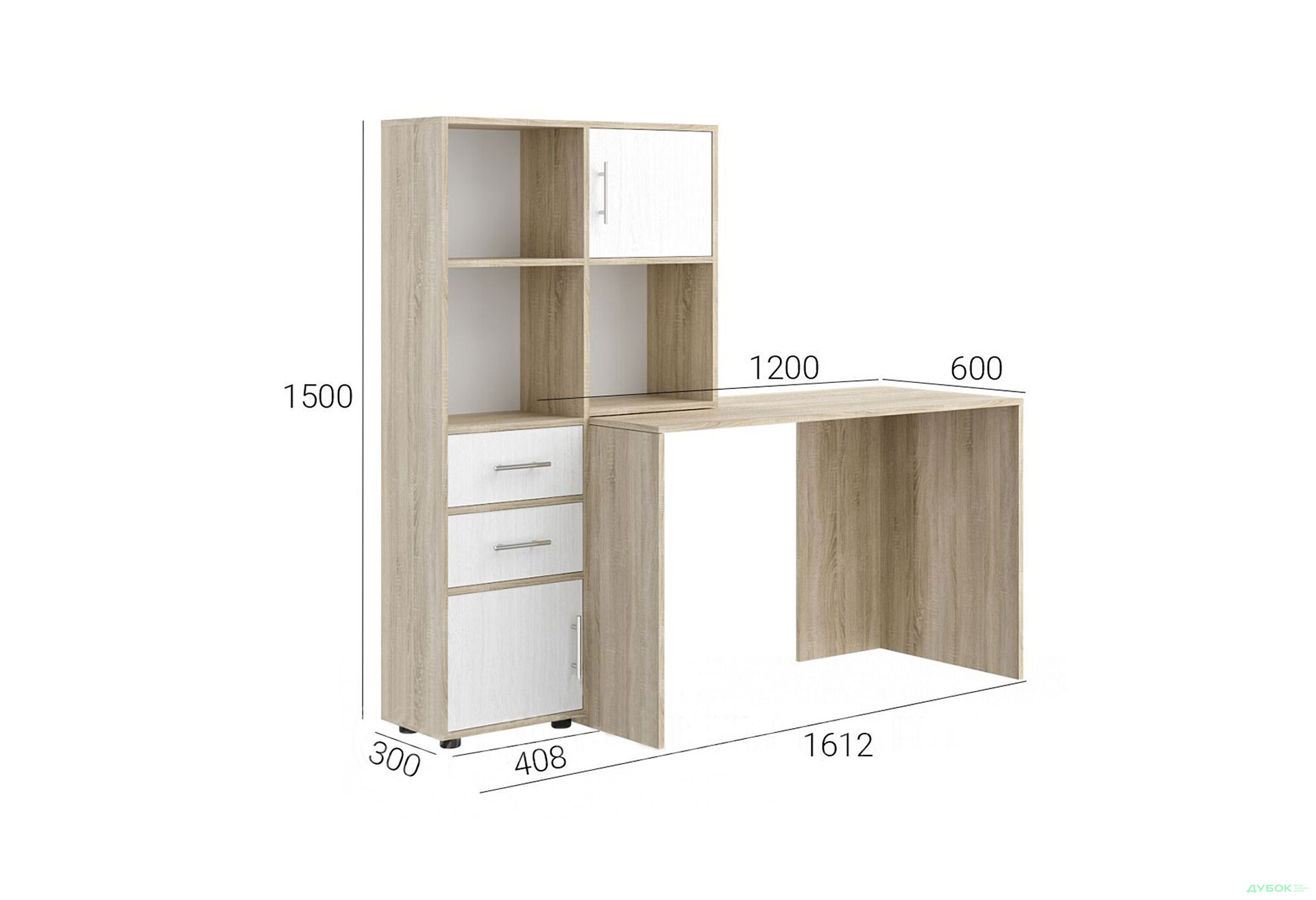 Стіл комп'ютерний Київський стандарт КС-05 160x60 см з надставкою і стелажем дуб сонома / німфеа альба, збірка ліва - Зображення 2 Зображення 2 - Стіл комп'ютерний Київський стандарт КС-05 160x60 см з надставкою і стелажем дуб сонома / німфеа альба, збірка ліва