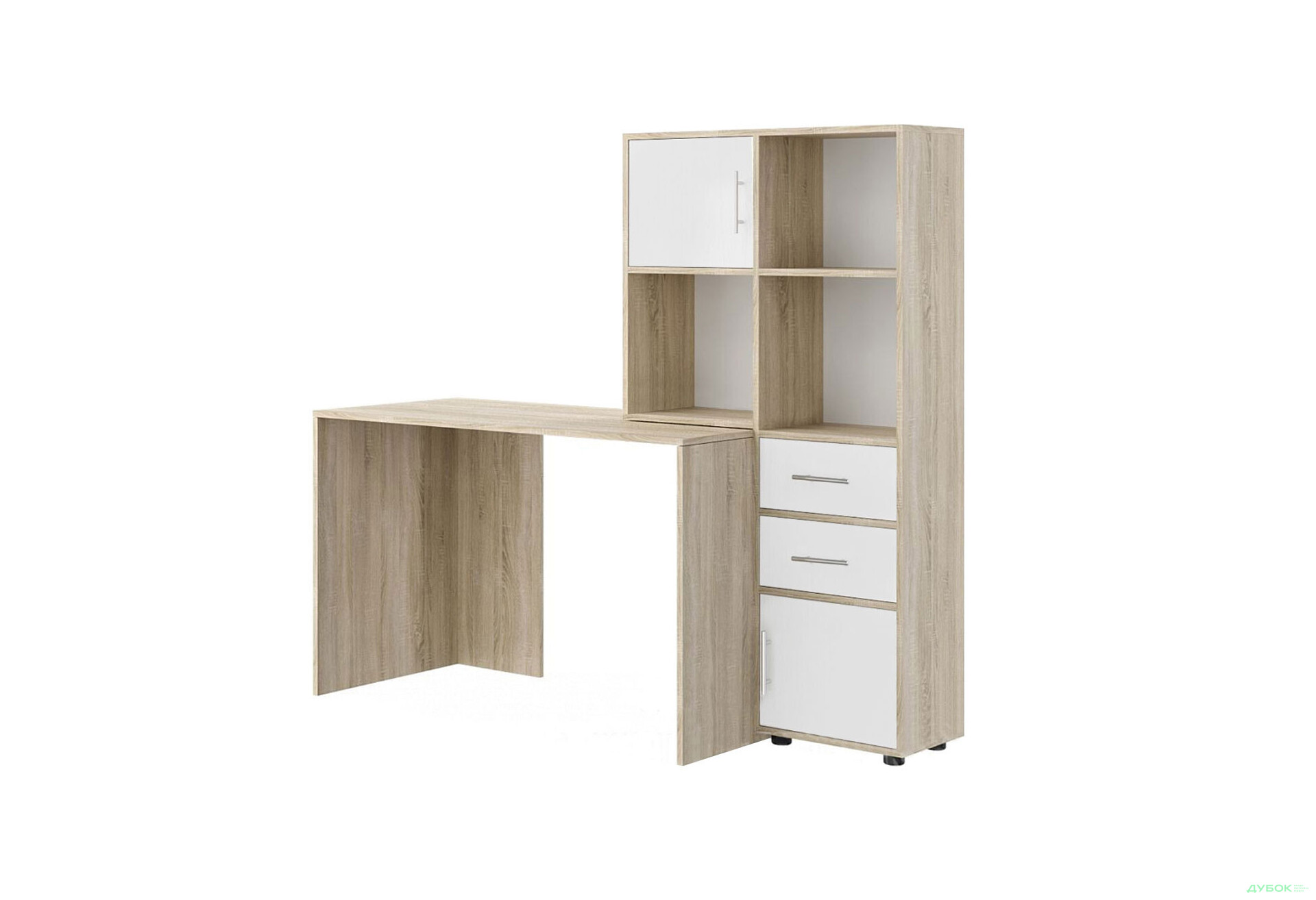 Стіл комп'ютерний Київський стандарт КС-05 160x60 см з надставкою і стелажем дуб сонома / німфеа альба, збірка права - Зображення 1 Зображення 1 - Стіл комп'ютерний Київський стандарт КС-05 160x60 см з надставкою і стелажем дуб сонома / німфеа альба, збірка права