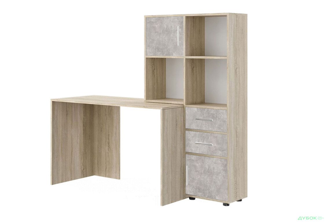 Стол компьютерный Киевский стандарт КС-05 160x60 см с надставкой и стеллажом дуб сонома / бетон, сборка правая