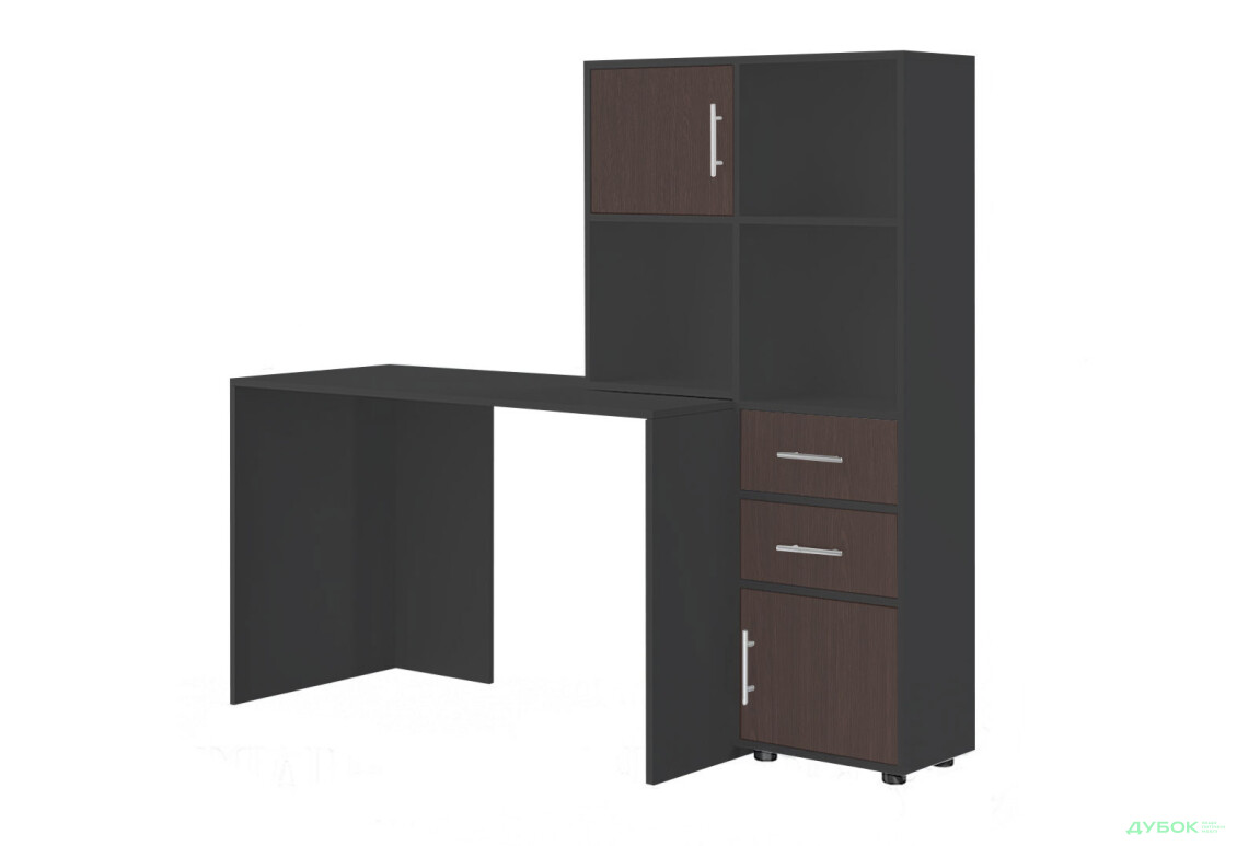 Стол компьютерный Киевский стандарт КС-05 160x60 см с надставкой и стеллажом антрацит / венге, сборка правая