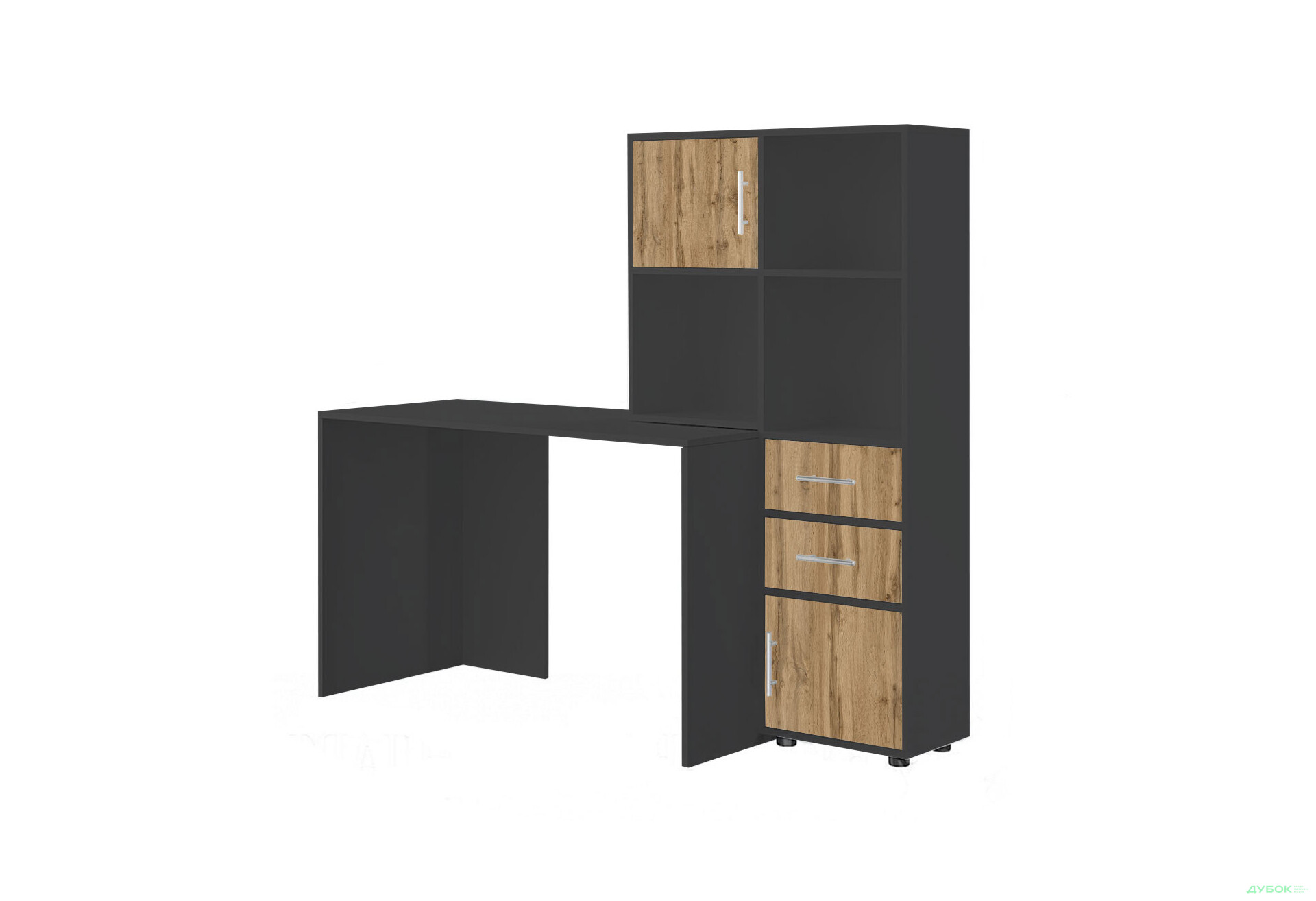 Изображение 1 - Стол компьютерный Киевский стандарт КС-05 160x60 см с надставкой и стеллажом антрацит / дуб аппалачи, сборка правая