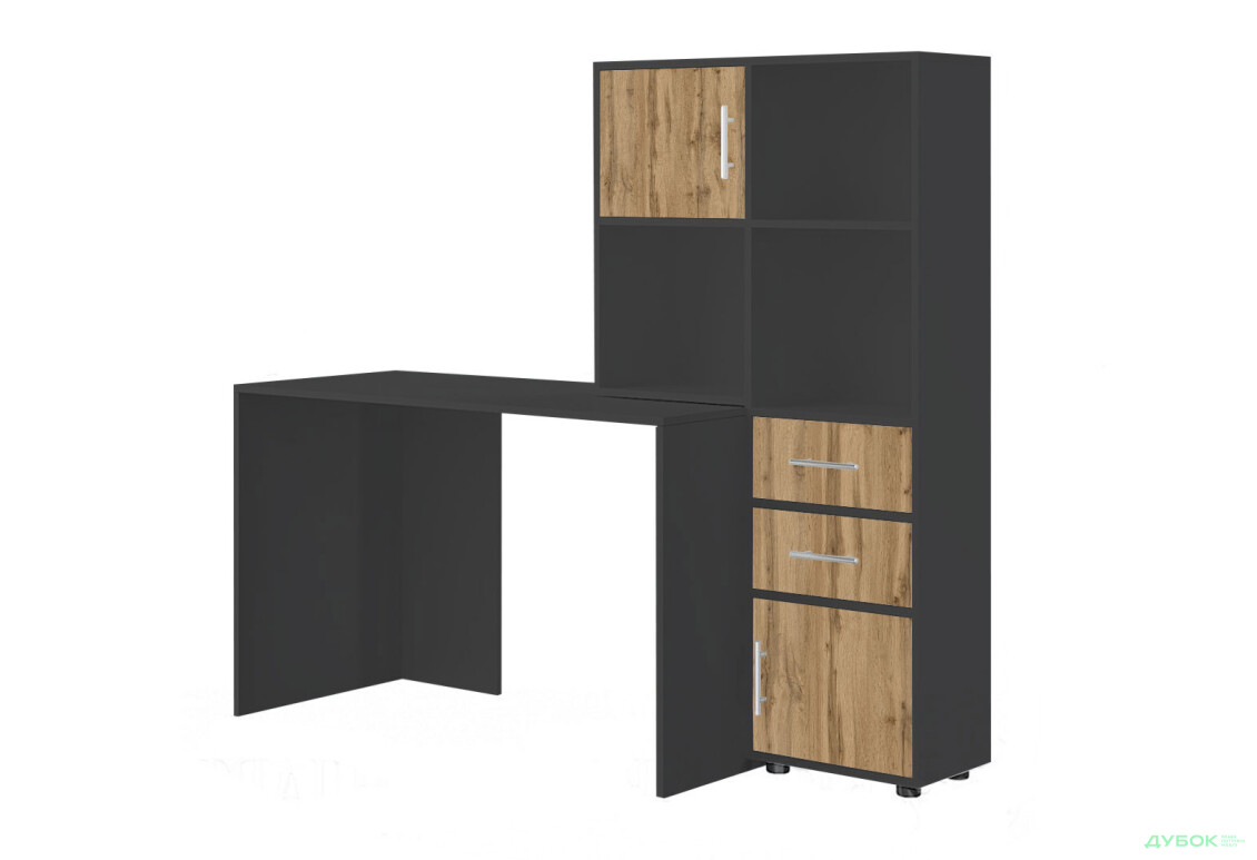Стол компьютерный Киевский стандарт КС-05 160x60 см с надставкой и стеллажом антрацит / дуб аппалачи, сборка правая