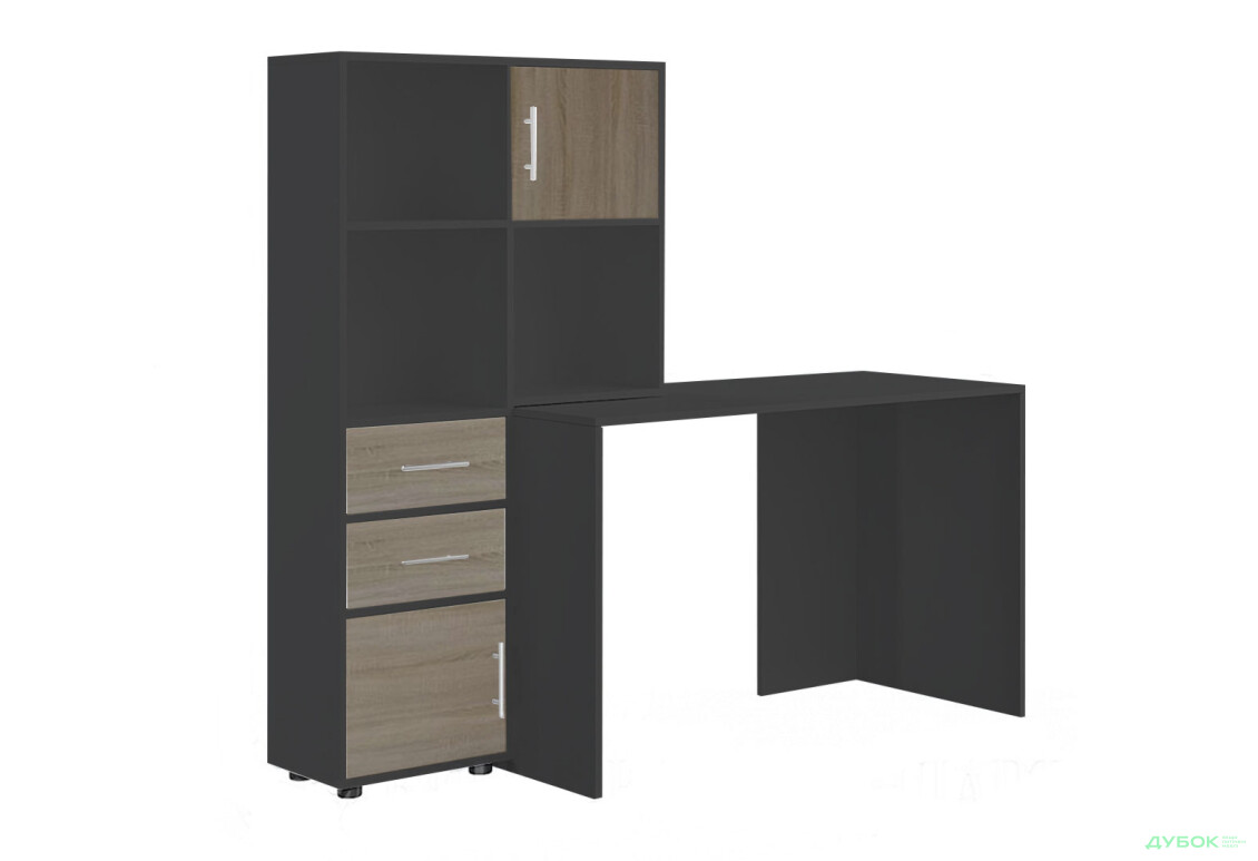 Стіл комп'ютерний Київський стандарт КС-05 160x60 см з надставкою і стелажем антрацит / дуб сонома трюфель, збірка ліва - Зображення 1 Зображення 1 - Стіл комп'ютерний Київський стандарт КС-05 160x60 см з надставкою і стелажем антрацит / дуб сонома трюфель, збірка ліва