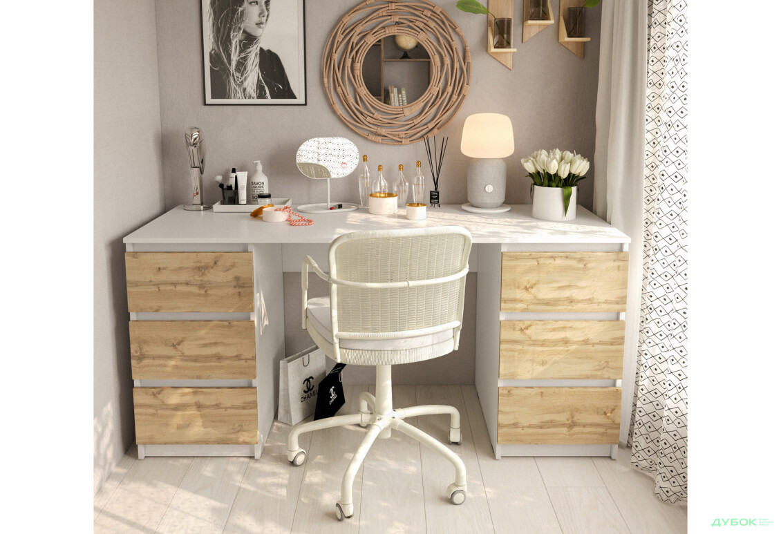 Зображення 2 - Стіл письмовий Moreli Т228 158x60 см з шухлядами, білий / дуб аппалачі