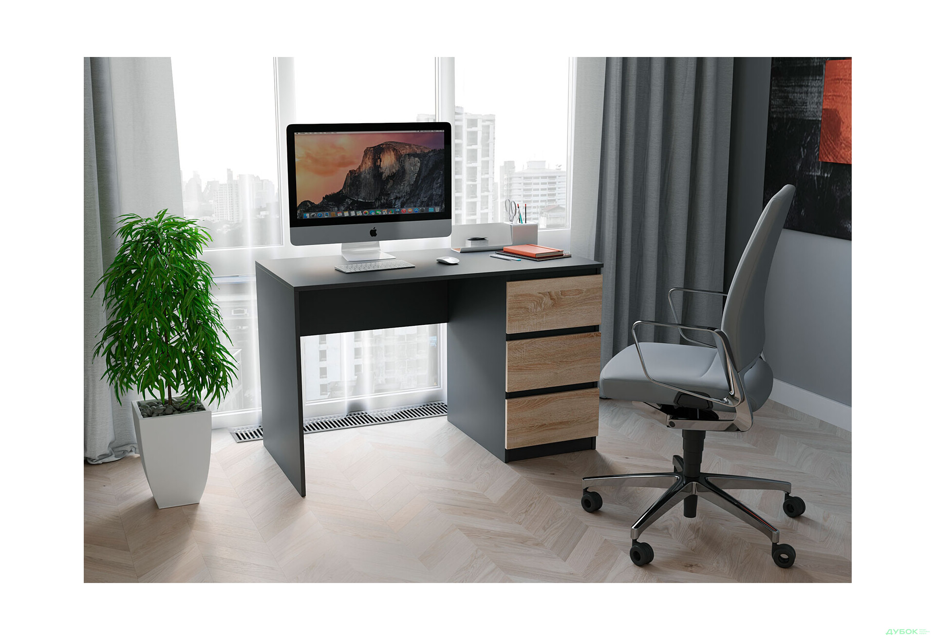 Стіл письмовий Moreli Т224 120x60 см з шухлядами справа, антрацит / дуб сонома - Зображення 2 Зображення 2 - Стіл письмовий Moreli Т224 120x60 см з шухлядами справа, антрацит / дуб сонома