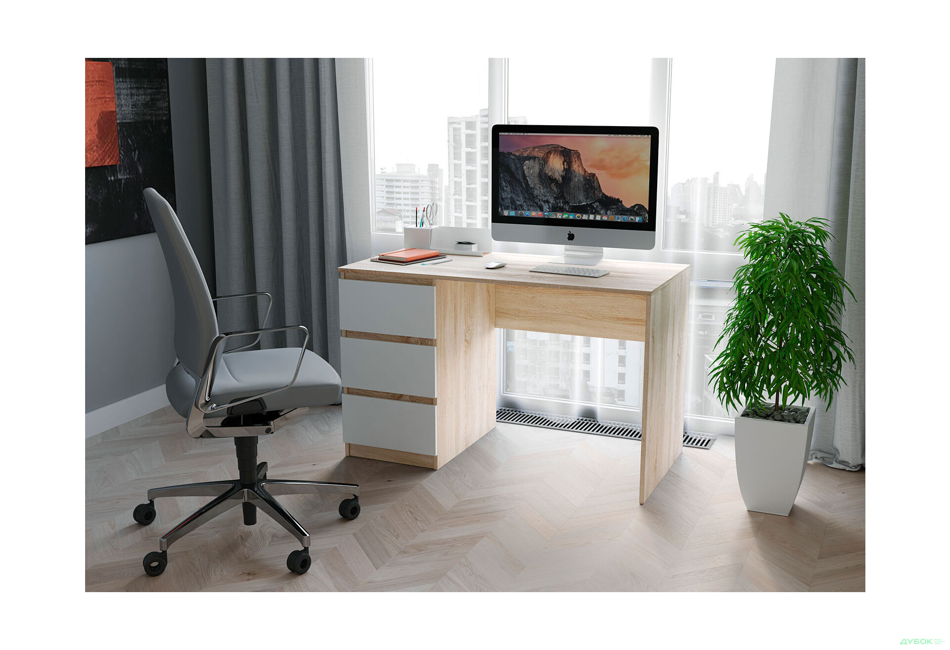 Стіл письмовий Moreli Т224 120x60 см з шухлядами зліва, дуб сонома / білий - Зображення 2 Зображення 2 - Стіл письмовий Moreli Т224 120x60 см з шухлядами зліва, дуб сонома / білий