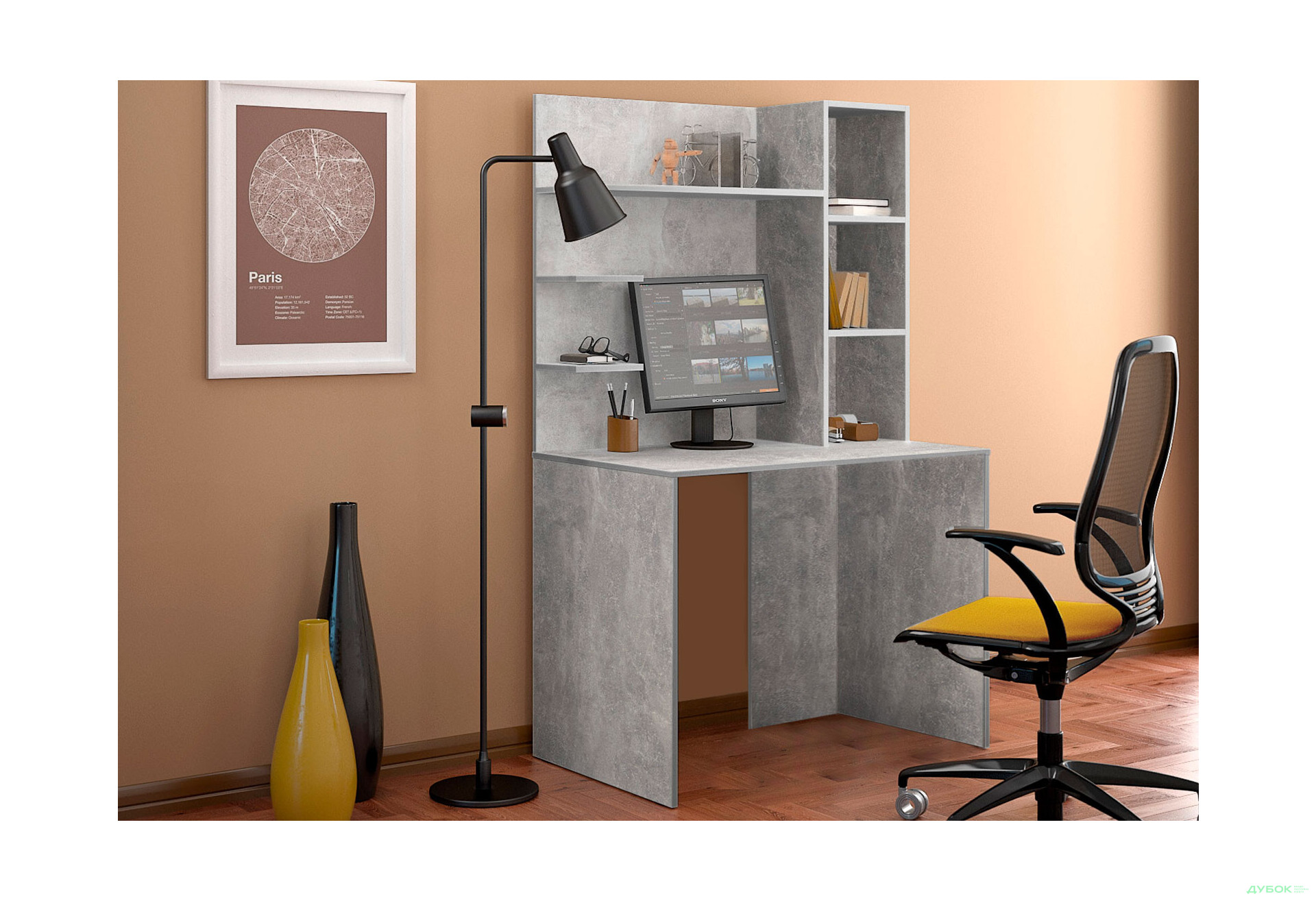 Изображение 2 - Стол компьютерный Киевский стандарт КС-03 100x60 см с надставкой бетон збірка правая 