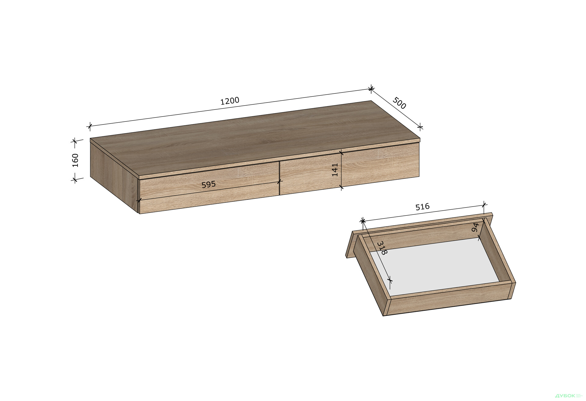 Зображення 2 - Стіл письмовий Moreli Т222 підвісний з 2 шухлядами 120x50 см дуб сонома / білий