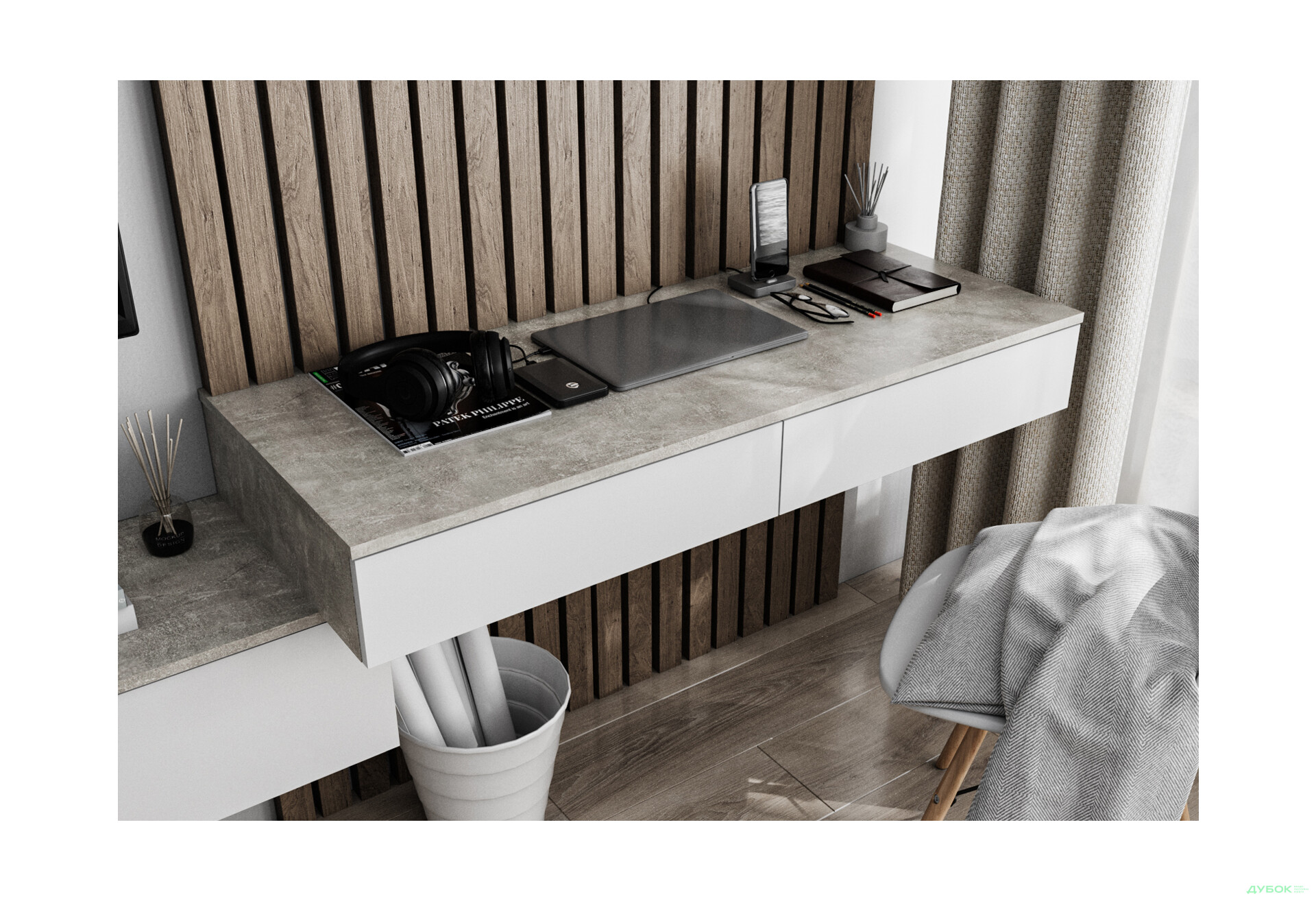 Стіл письмовий Moreli Т222 підвісний з 2 шухлядами 120x50 см бетон / білий - Зображення 1 Зображення 1 - Стіл письмовий Moreli Т222 підвісний з 2 шухлядами 120x50 см бетон / білий