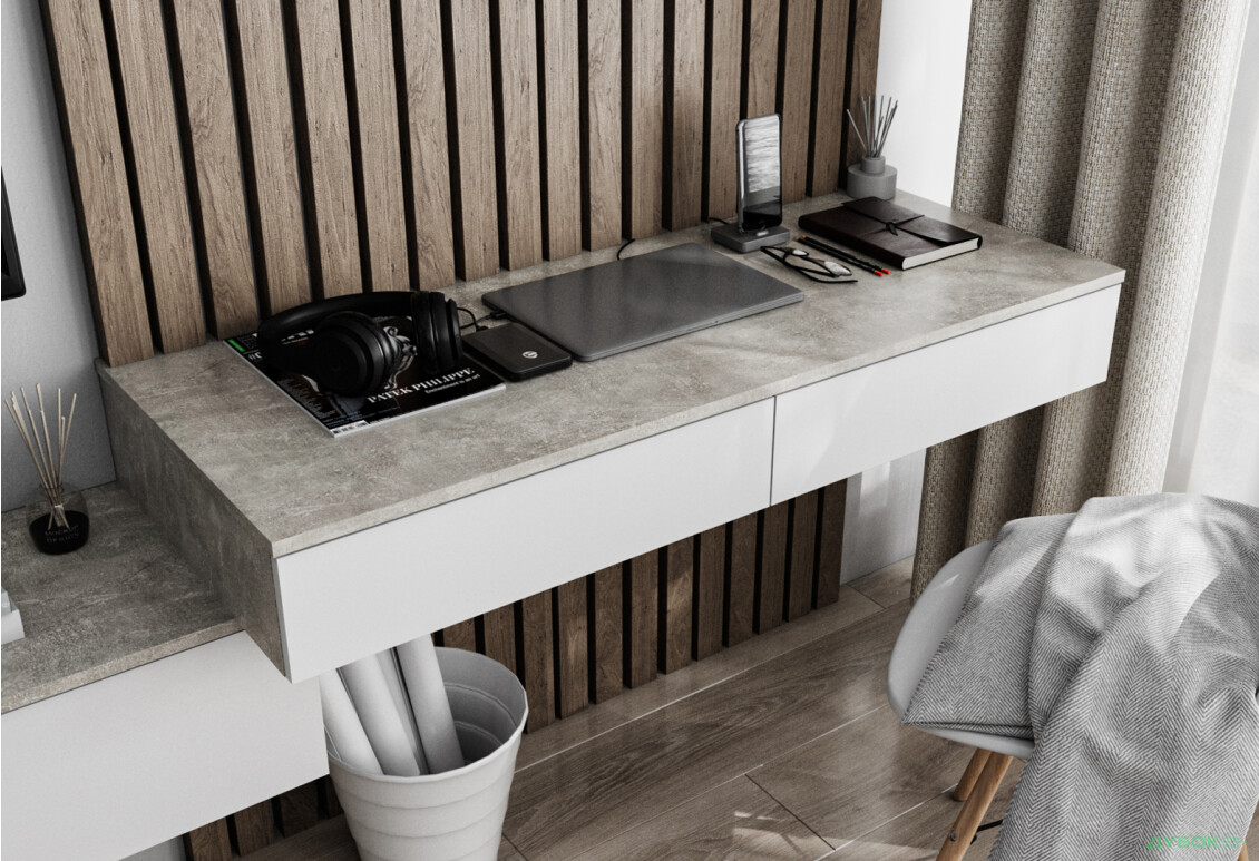 Стіл письмовий Moreli Т222 підвісний з 2 шухлядами 120x50 см бетон / білий - Зображення 1 Зображення 1 - Стіл письмовий Moreli Т222 підвісний з 2 шухлядами 120x50 см бетон / білий