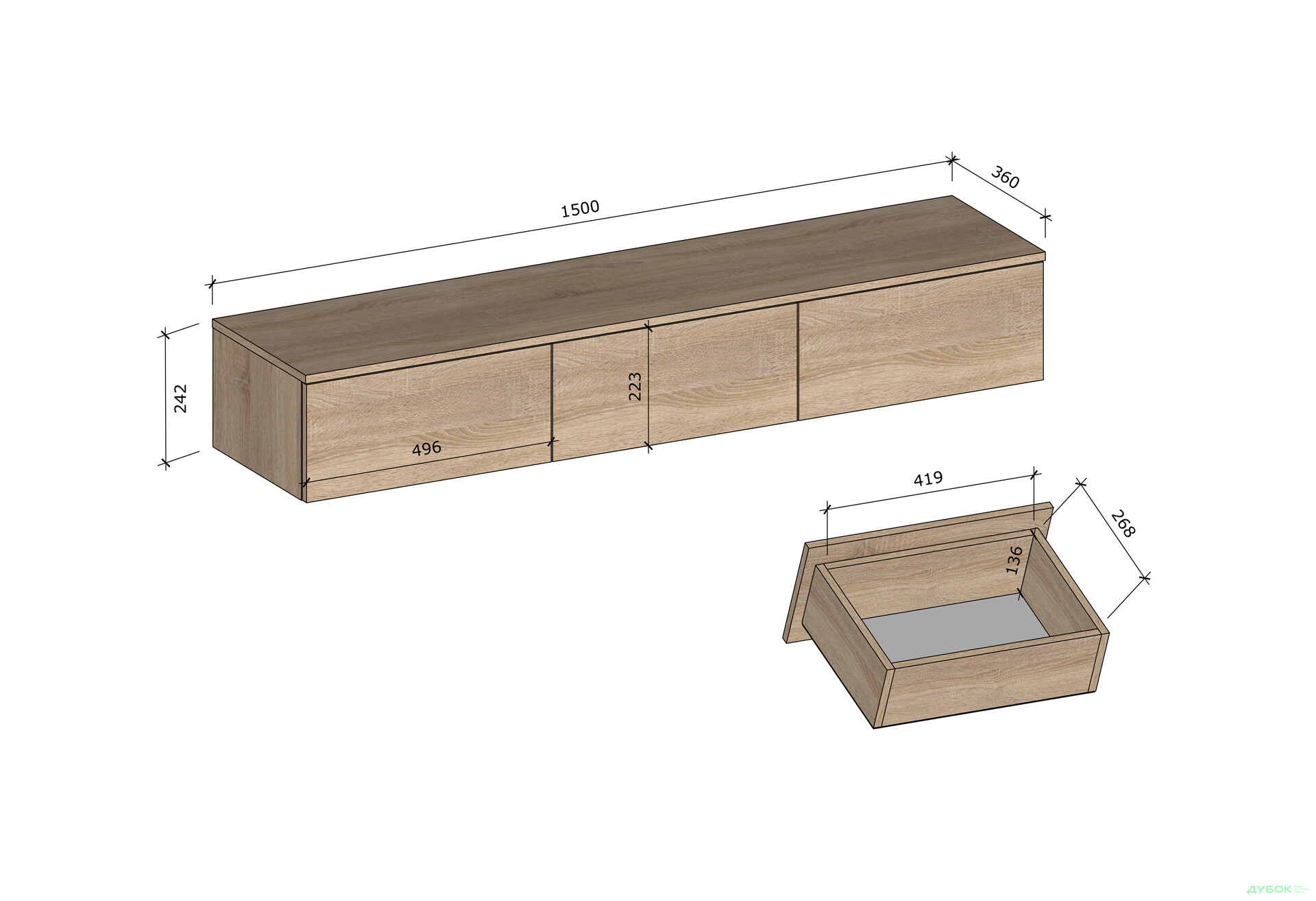 Тумба под ТВ Moreli Т221 подвесная з 3 ящиками 150 см белый / дуб сонома - Изображение 3 Изображение 3 - Тумба под ТВ Moreli Т221 подвесная з 3 ящиками 150 см белый / дуб сонома