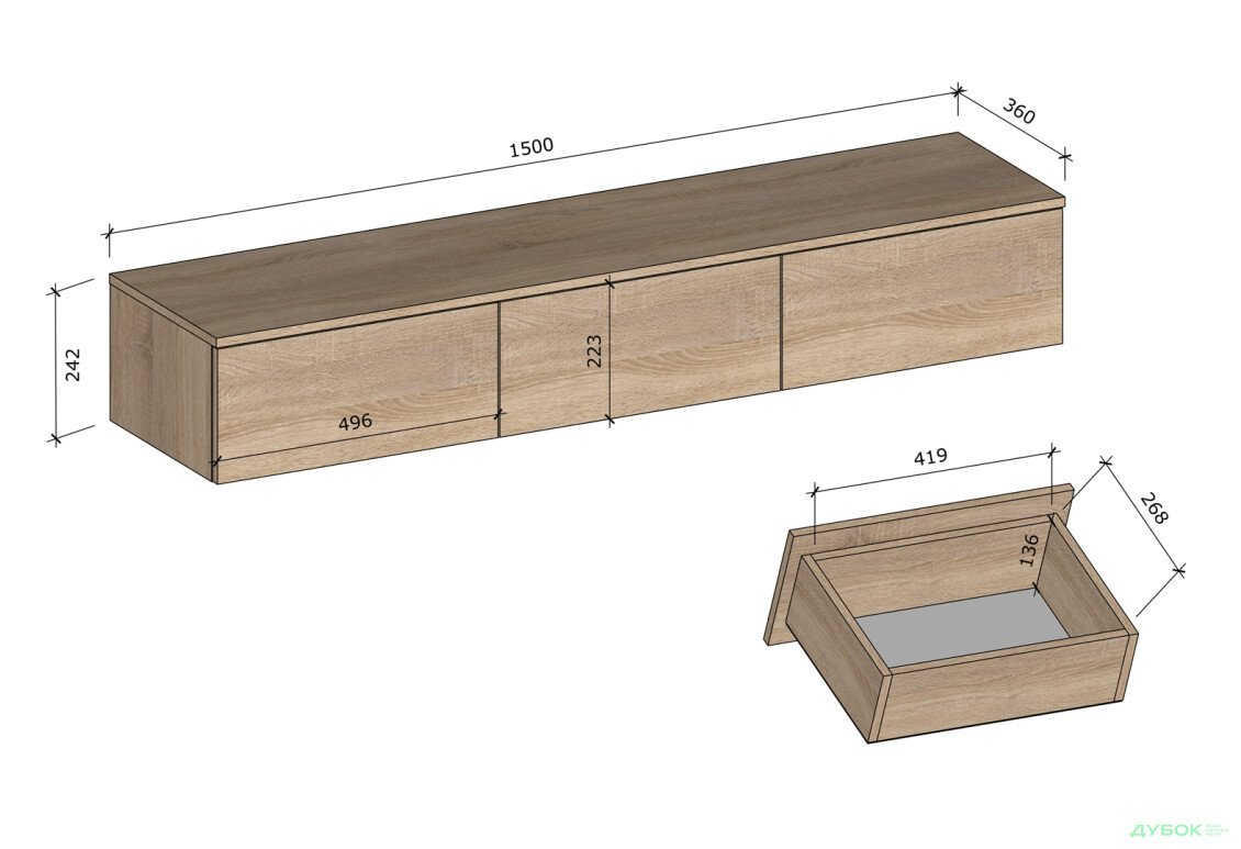Тумба под ТВ Moreli Т221 подвесная з 3 ящиками 150 см белый / дуб сонома - Изображение 3 Изображение 3 - Тумба под ТВ Moreli Т221 подвесная з 3 ящиками 150 см белый / дуб сонома