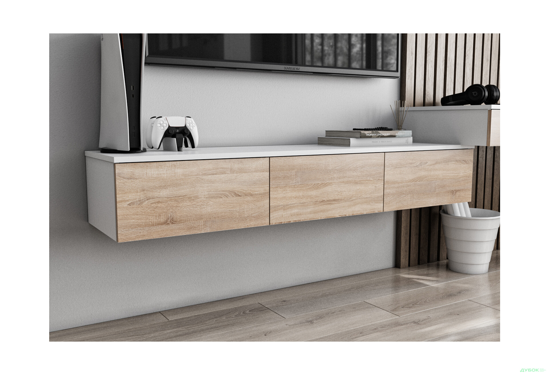 Тумба под ТВ Moreli Т221 подвесная з 3 ящиками 150 см белый / дуб сонома - Изображение 2 Изображение 2 - Тумба под ТВ Moreli Т221 подвесная з 3 ящиками 150 см белый / дуб сонома
