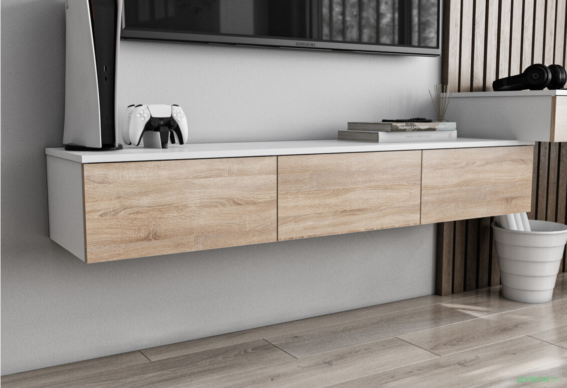 Тумба под ТВ Moreli Т221 подвесная з 3 ящиками 150 см белый / дуб сонома - Изображение 2 Изображение 2 - Тумба под ТВ Moreli Т221 подвесная з 3 ящиками 150 см белый / дуб сонома