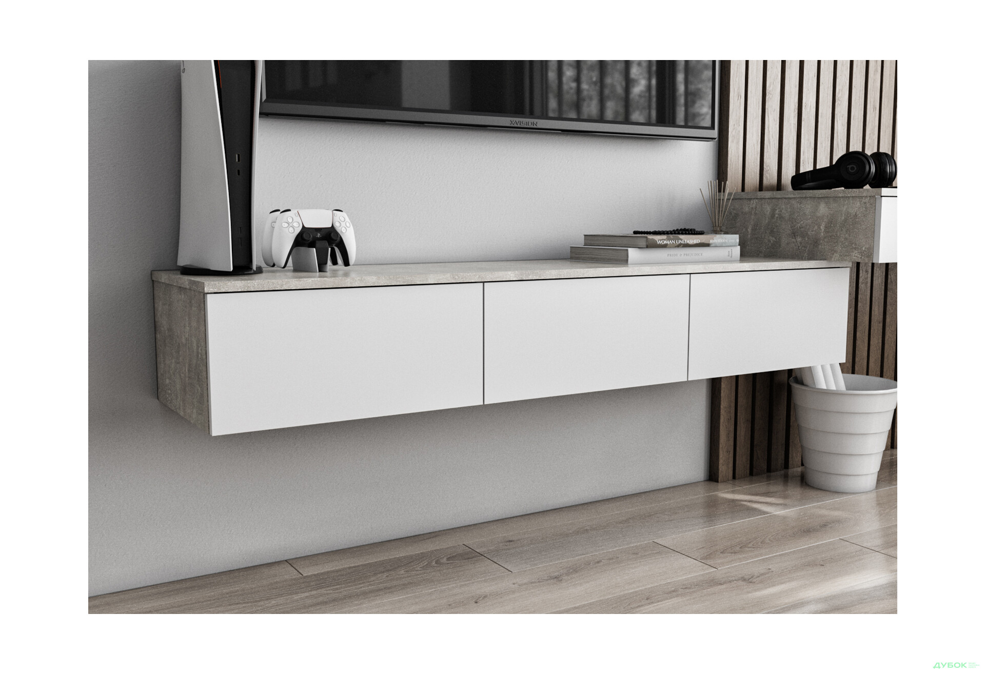 Тумба під ТВ Moreli Т221 підвісна з 3 шухлядами 150 см бетон / білий - Зображення 2 Зображення 2 - Тумба під ТВ Moreli Т221 підвісна з 3 шухлядами 150 см бетон / білий