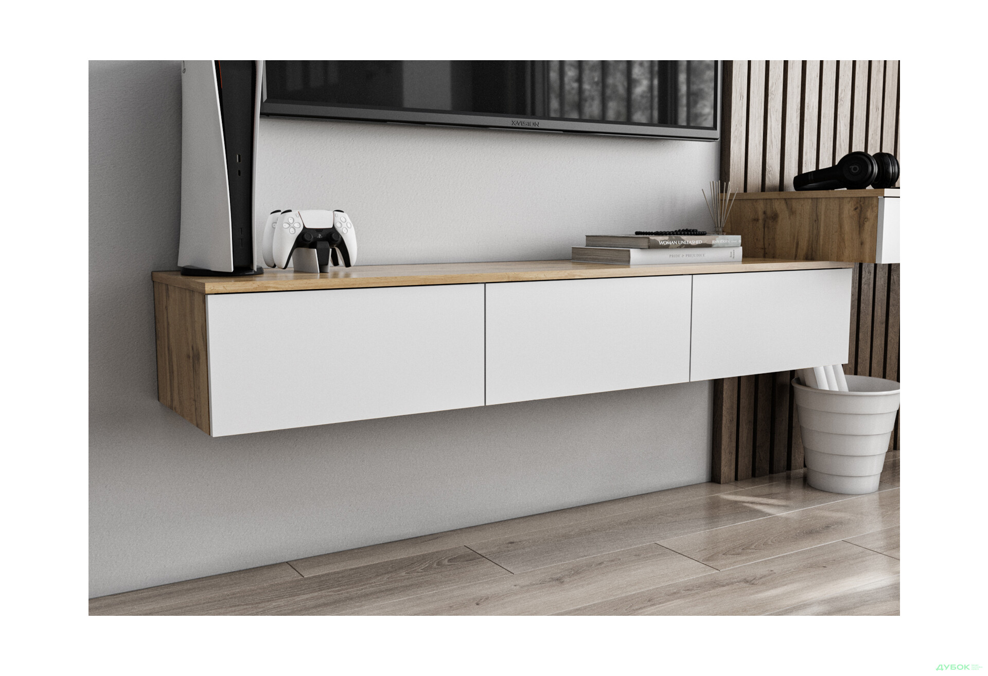Тумба під ТВ Moreli Т221 підвісна з 3 шухлядами 150 см дуб аппалачі / білий - Зображення 2 Зображення 2 - Тумба під ТВ Moreli Т221 підвісна з 3 шухлядами 150 см дуб аппалачі / білий