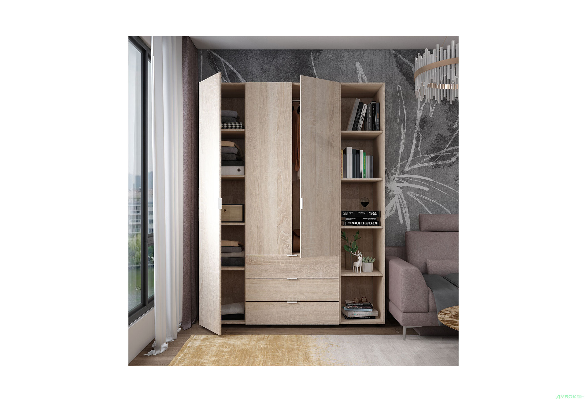 Зображення 5 - Шафа Doros Гелар 3 ДСП 3-дверна з 3 шухлядами та етажеркою 154 см Дуб Сонома