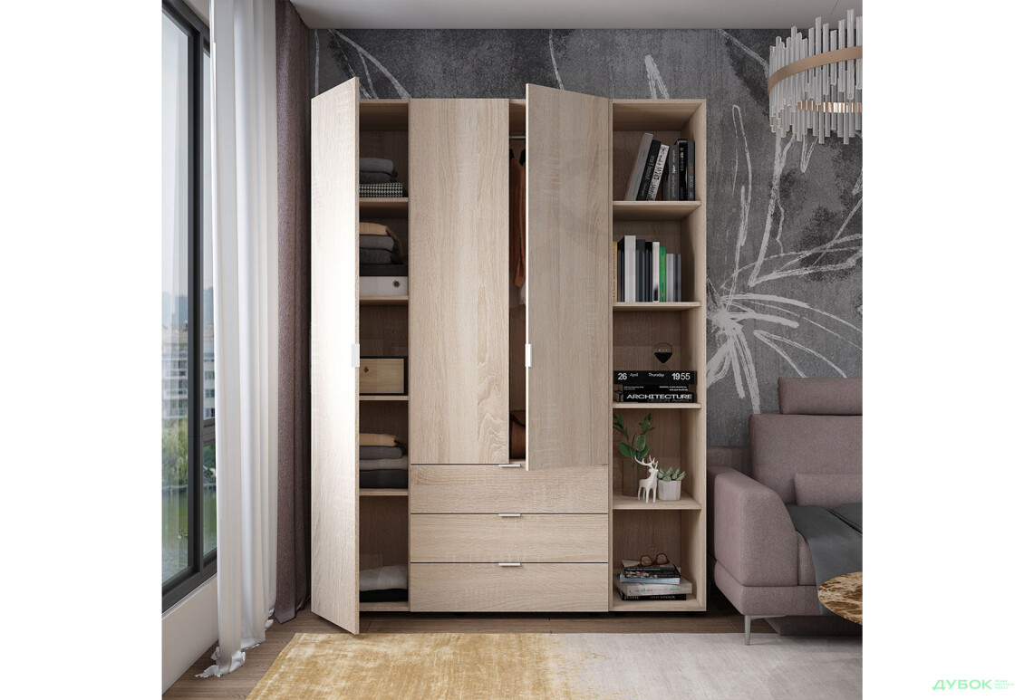 Зображення 5 - Шафа Doros Гелар 3 ДСП 3-дверна з 3 шухлядами та етажеркою 154 см Дуб Сонома