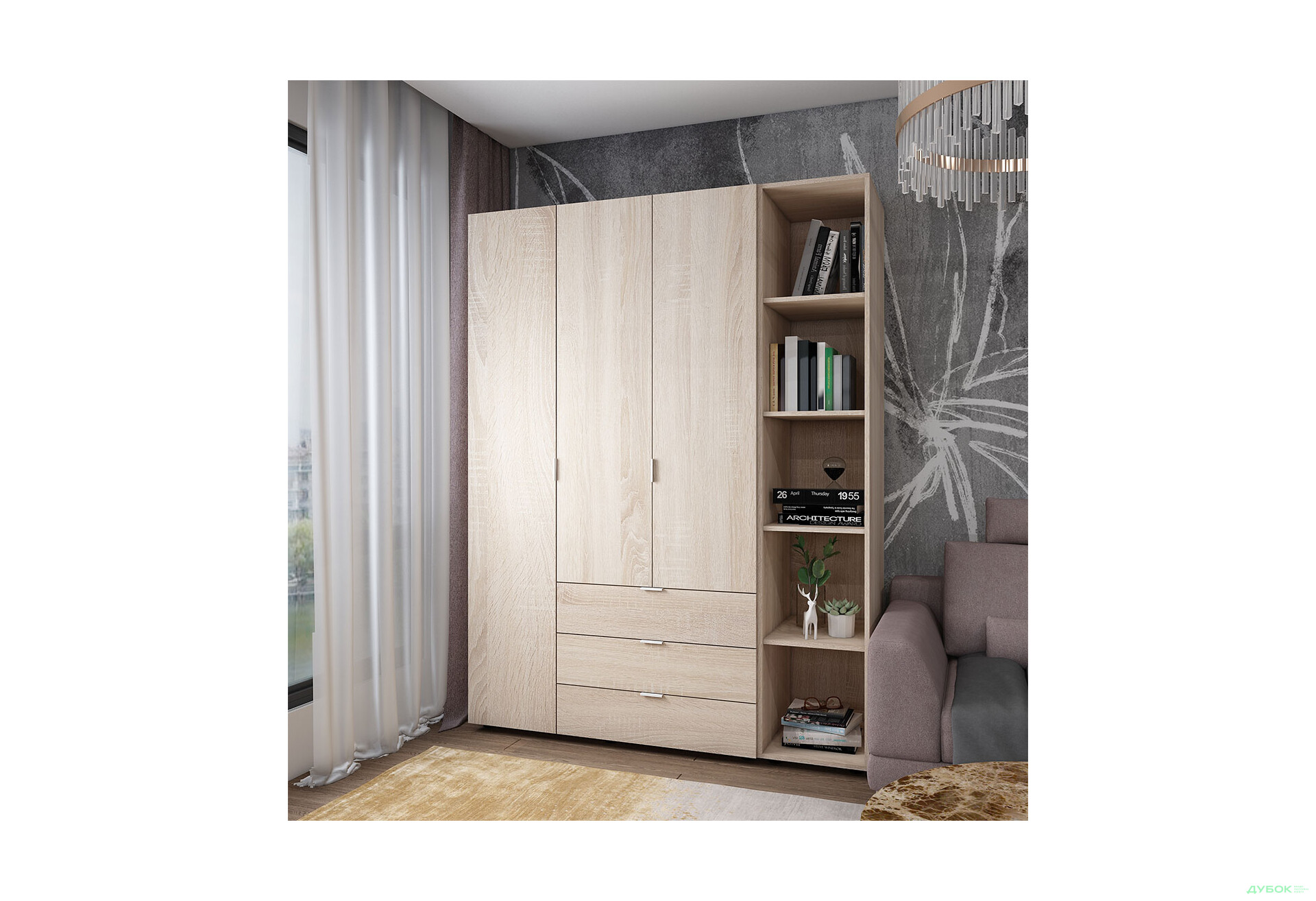 Зображення 2 - Шафа Doros Гелар 3 ДСП 3-дверна з 3 шухлядами та етажеркою 154 см Дуб Сонома