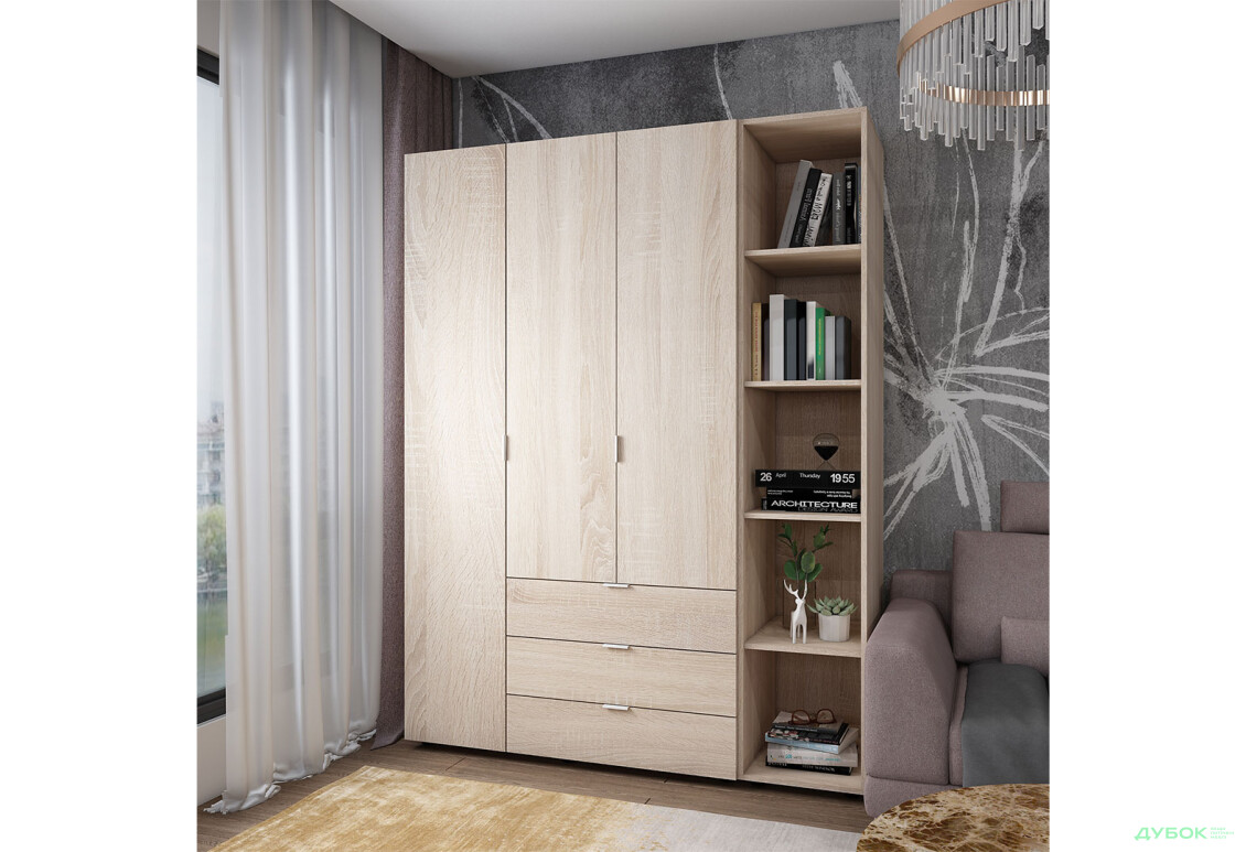 Зображення 2 - Шафа Doros Гелар 3 ДСП 3-дверна з 3 шухлядами та етажеркою 154 см Дуб Сонома