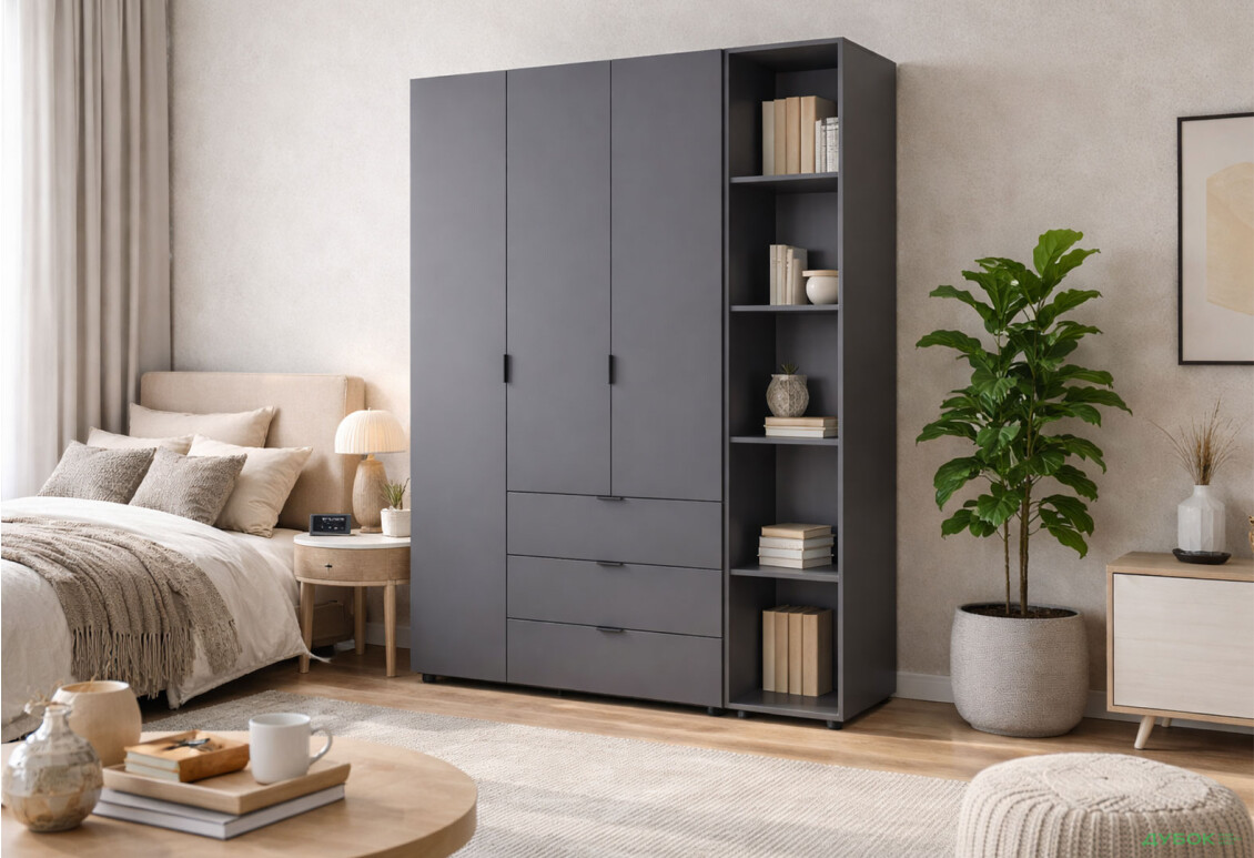 Изображение 2 - Шкаф Doros Гелар 3 ДСП 3-дверная с 3 ящиками и этажеркой 154 см Графит