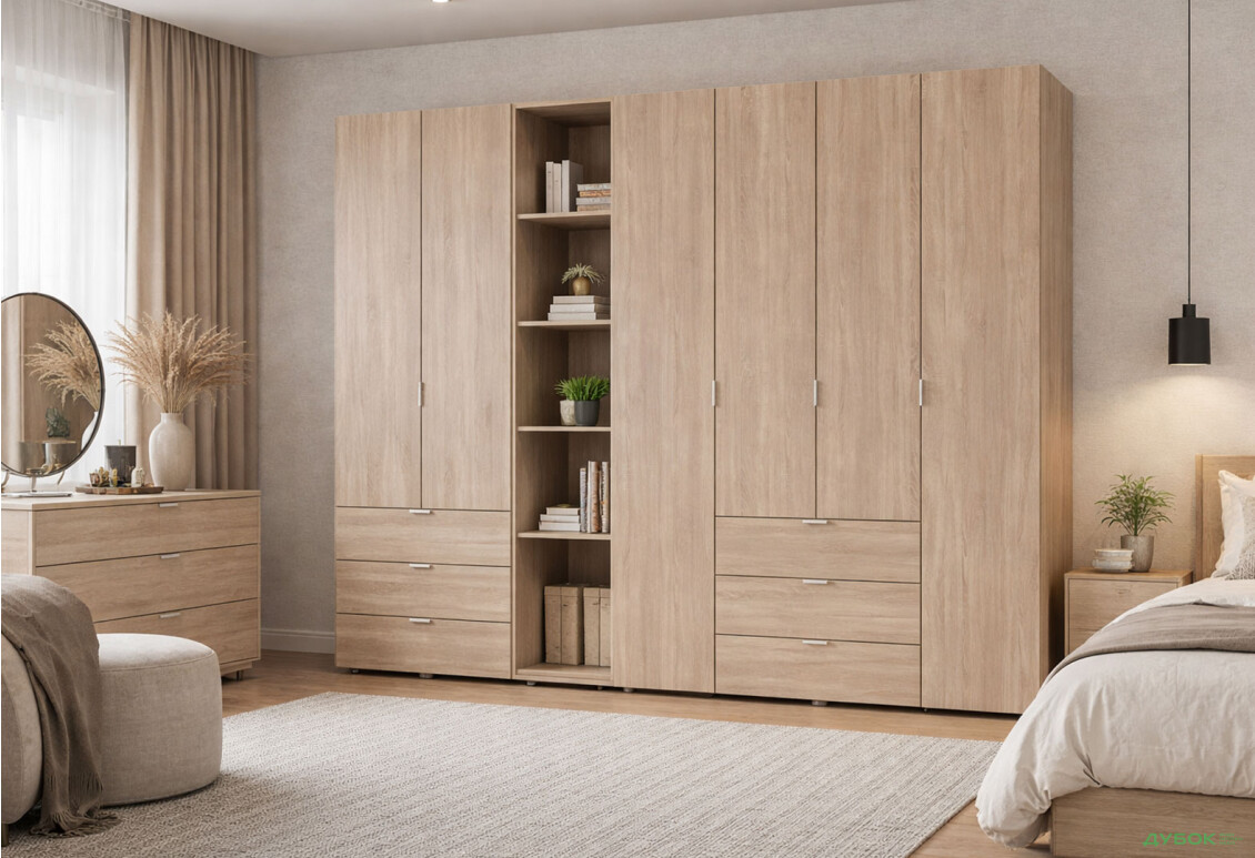 Зображення 2 - Шафа Doros Гелар ДСП 2- та 4-дверна з шухлядами та етажеркою 271 см Дуб сонома