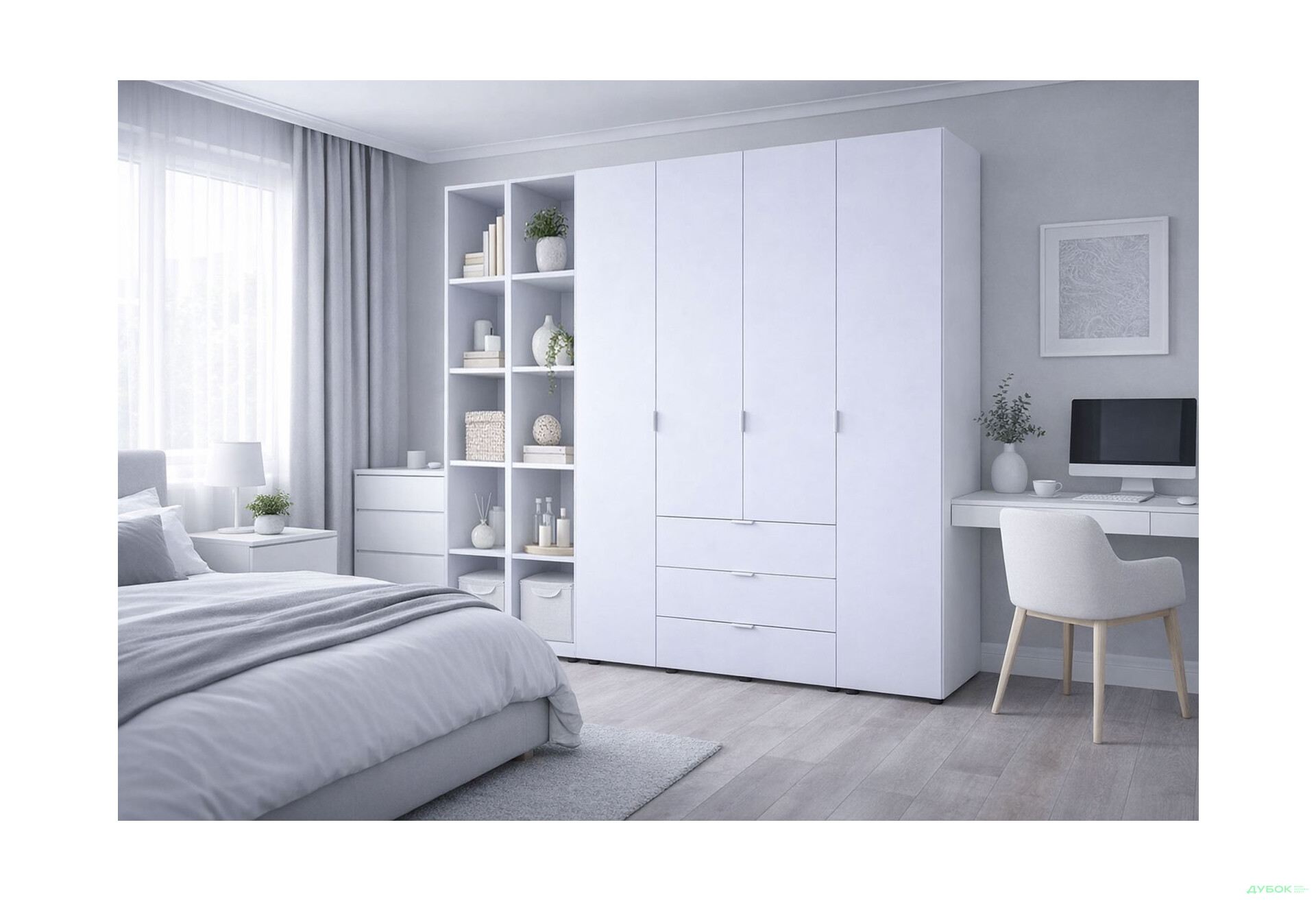 Изображение 2 - Шкаф Doros Гелар 4 ДСП 4-дверная с 3 ящиками и 2 этажерками 231 см Белый