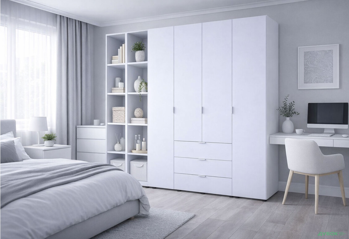 Изображение 2 - Шкаф Doros Гелар 4 ДСП 4-дверная с 3 ящиками и 2 этажерками 231 см Белый