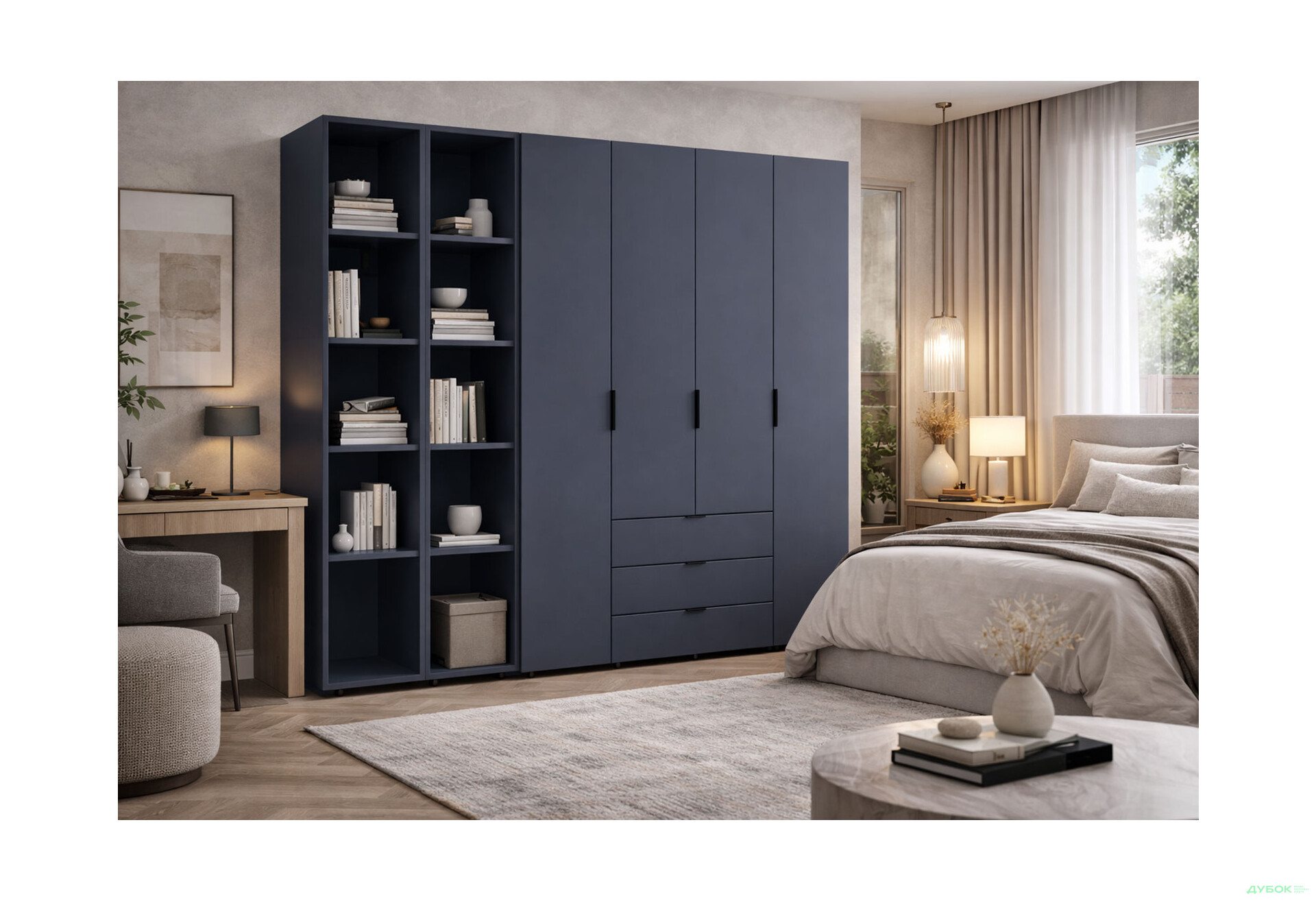 Изображение 2 - Шкаф Doros Гелар 4 ДСП 4-дверная с 3 ящиками и 2 этажерками 231 см Графит