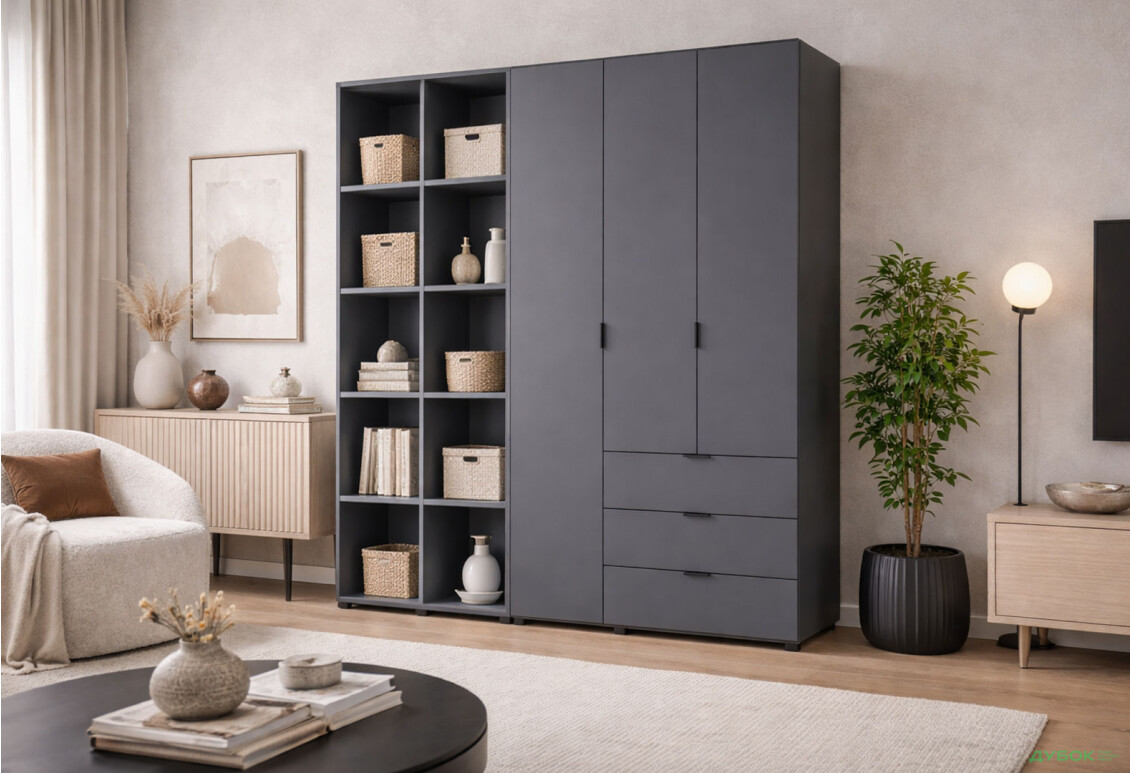 Изображение 2 - Шкаф Doros Гелар ДСП 3-дверная с 3 ящиками и 2 этажерками 192 см Графит