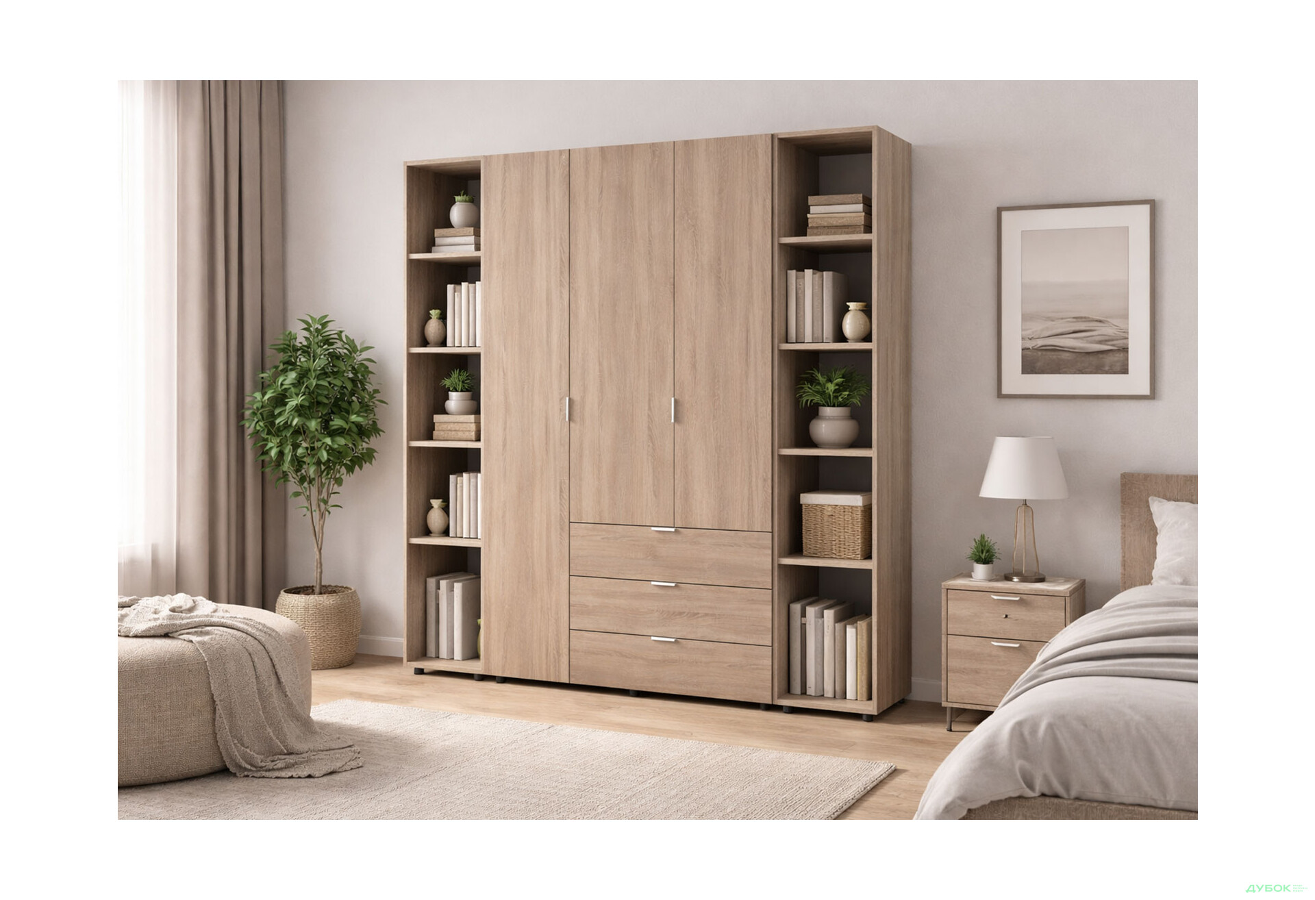 Зображення 2 - Шафа Doros Гелар ДСП 3-дверна з 3 шухлядами та 2 етажерками 154 см Дуб сонома