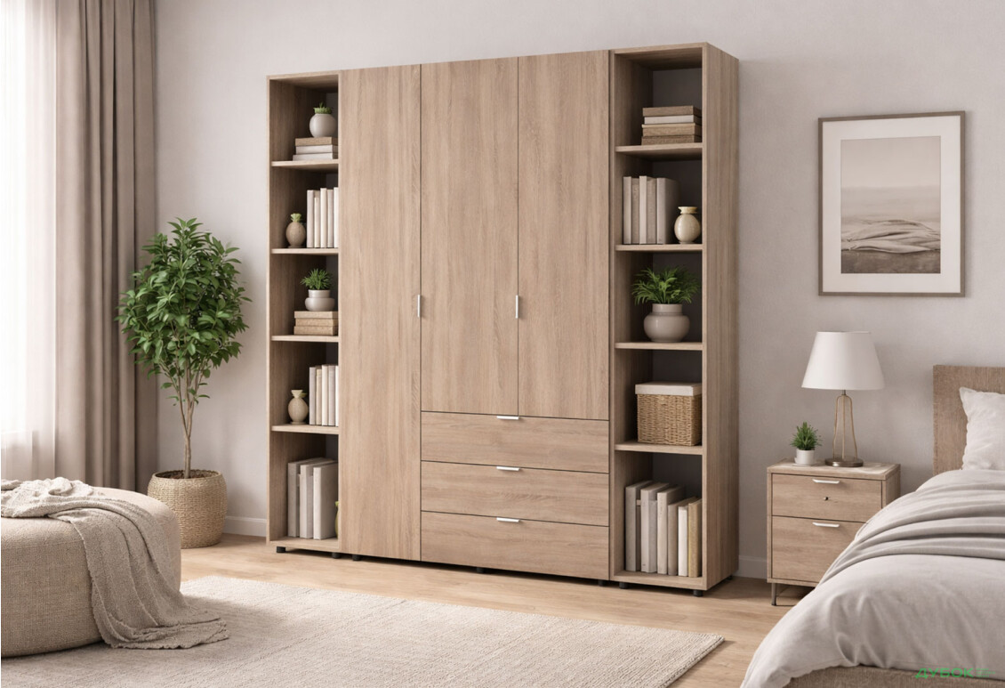 Зображення 2 - Шафа Doros Гелар ДСП 3-дверна з 3 шухлядами та 2 етажерками 154 см Дуб сонома