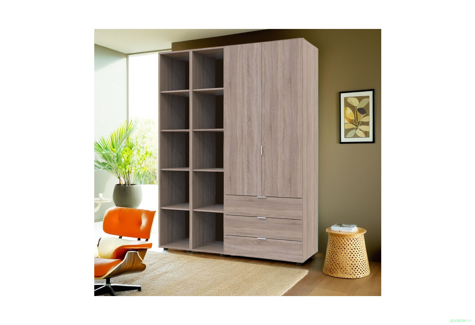 Изображение 3 - Шкаф Doros Гелар 2 ДСП 2-дверная с 3 ящиками и 2 этажерками 154 см Дуб сонома