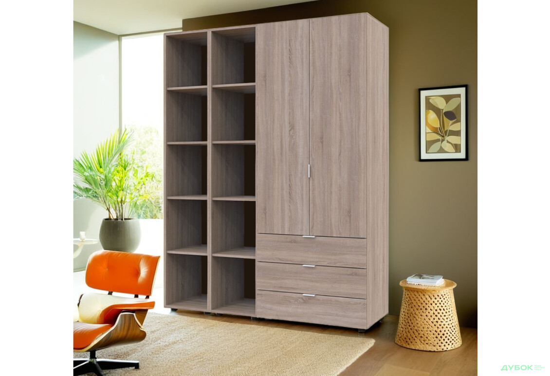 Изображение 3 - Шкаф Doros Гелар 2 ДСП 2-дверная с 3 ящиками и 2 этажерками 154 см Дуб сонома