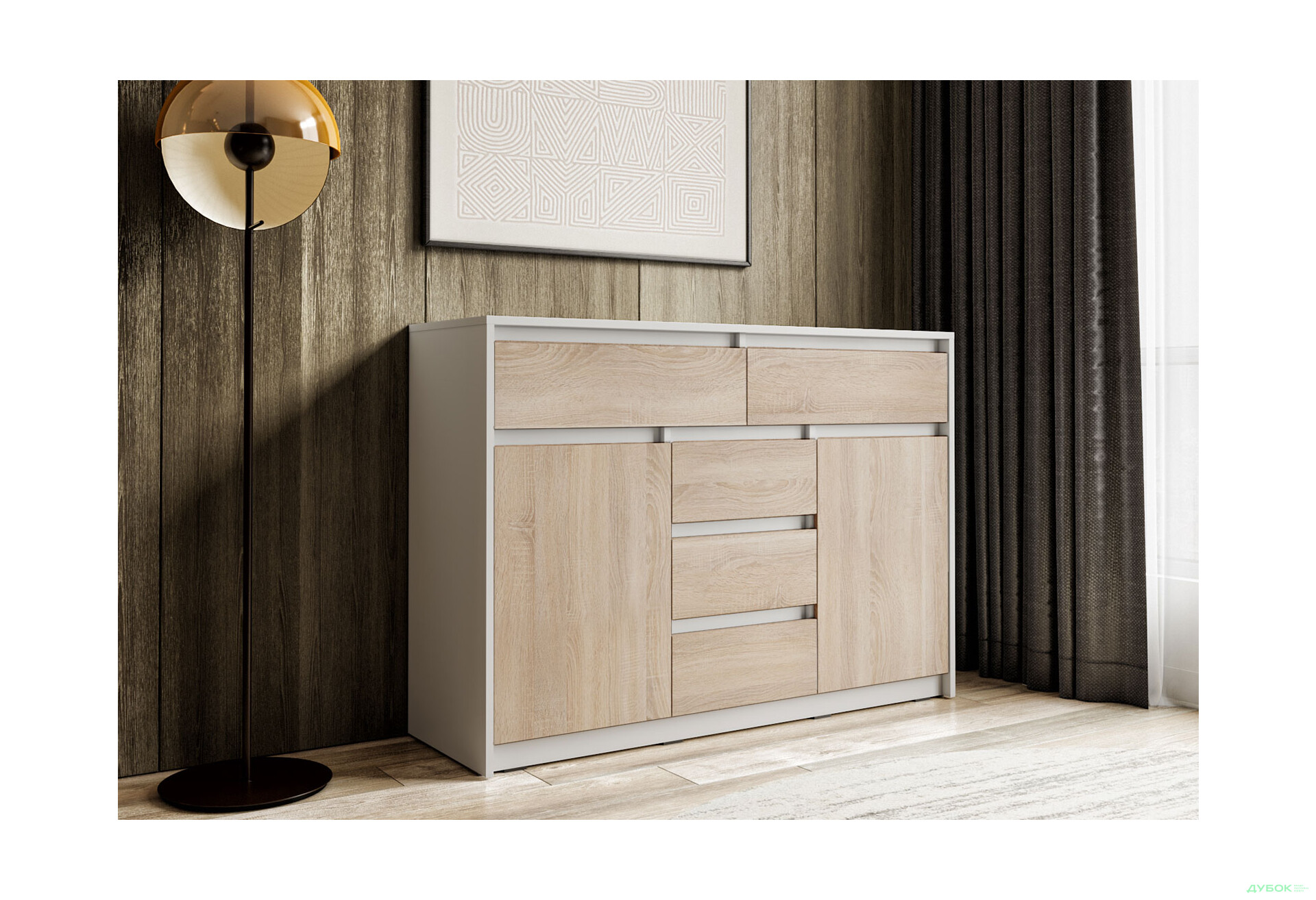 Комод Moreli Т227 з дверцятами і шухлядами 127 см білий / дуб сонома - Зображення 2 Зображення 2 - Комод Moreli Т227 з дверцятами і шухлядами 127 см білий / дуб сонома