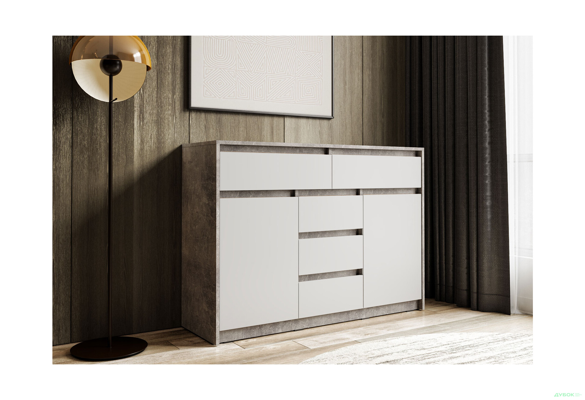 Комод Moreli Т227 з дверцятами і шухлядами 127 см бетон / білий - Зображення 2 Зображення 2 - Комод Moreli Т227 з дверцятами і шухлядами 127 см бетон / білий