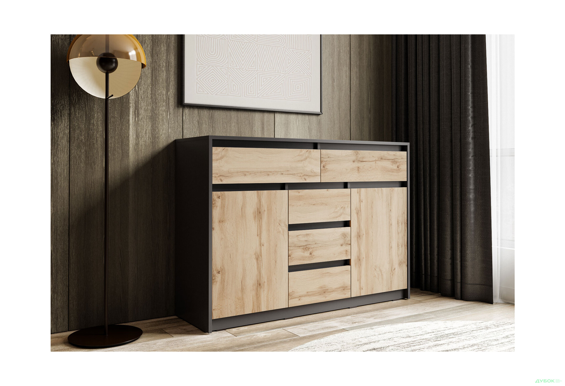 Комод Moreli Т227 с дверцами и ящиками 127 см антрацит / дуб аппалачи - Изображение 2 Изображение 2 - Комод Moreli Т227 с дверцами и ящиками 127 см антрацит / дуб аппалачи